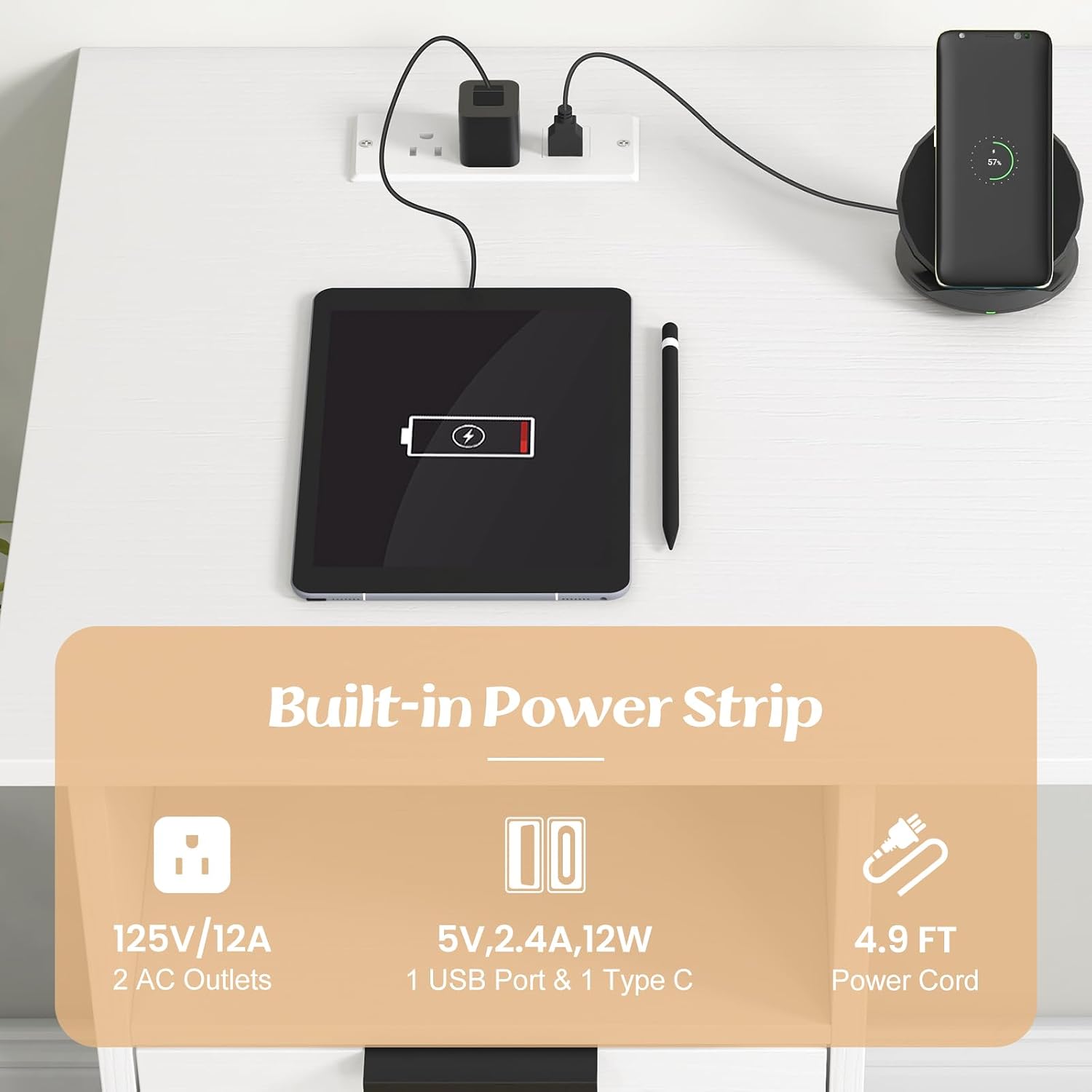 White Charging Station Drawer Desk