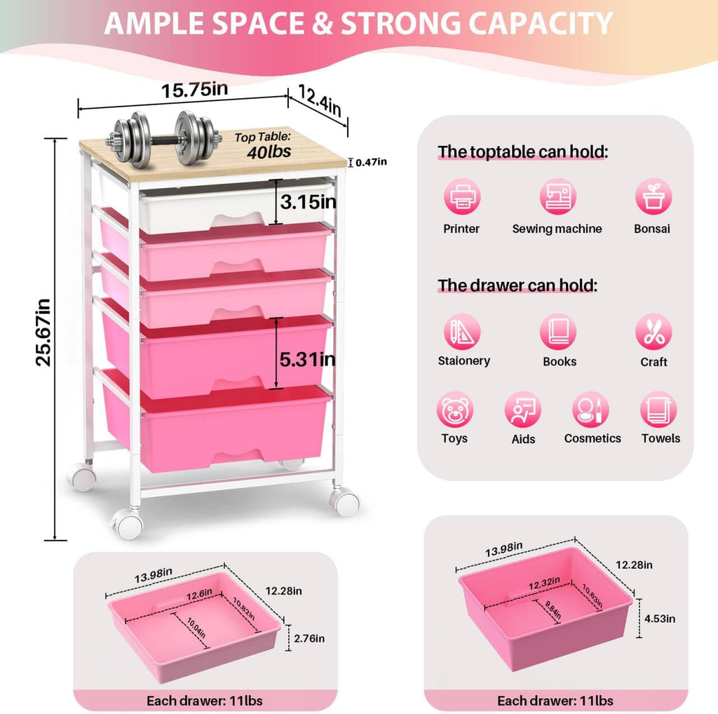 Pink 5 Drawer Rolling Storage Cart