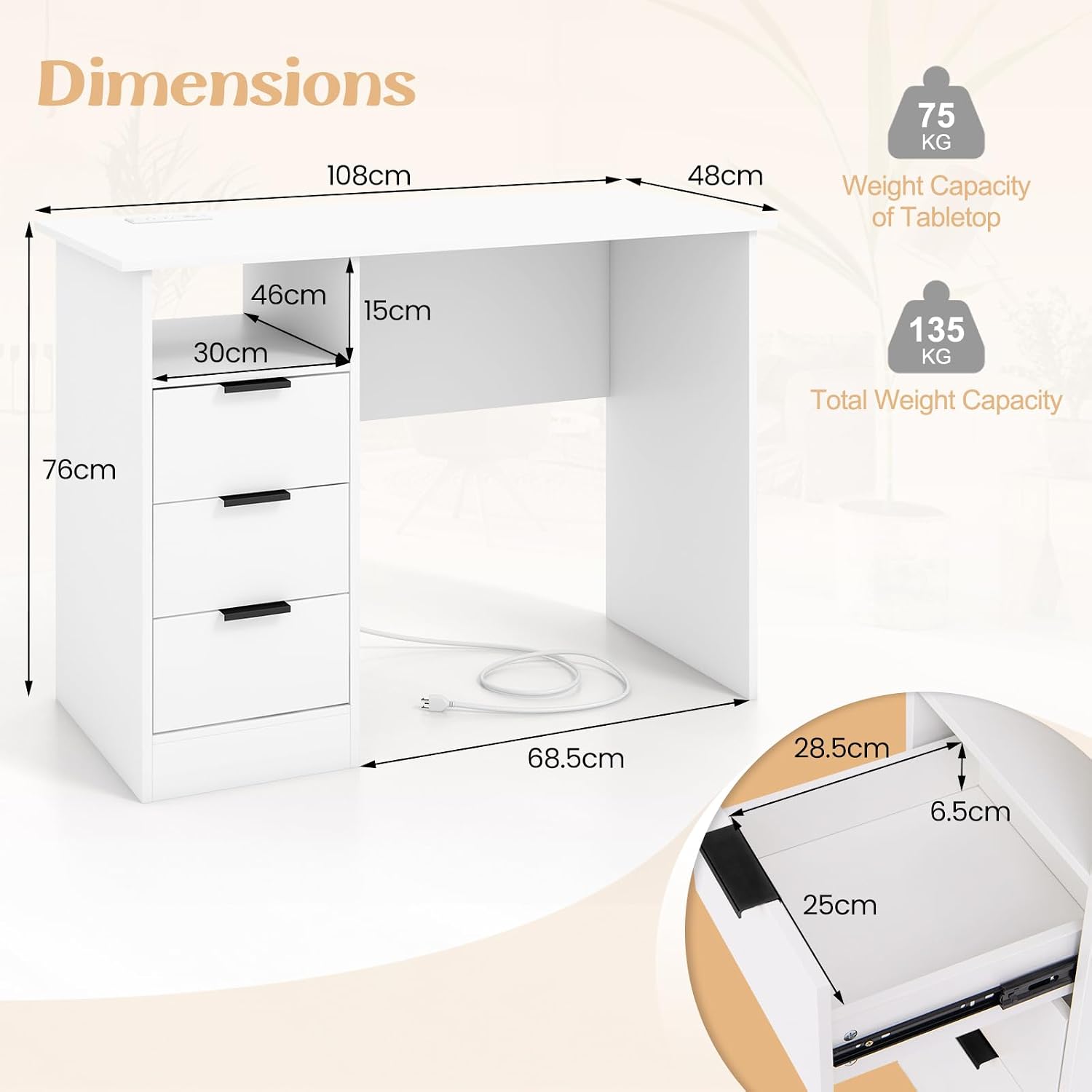 White Charging Station Drawer Desk