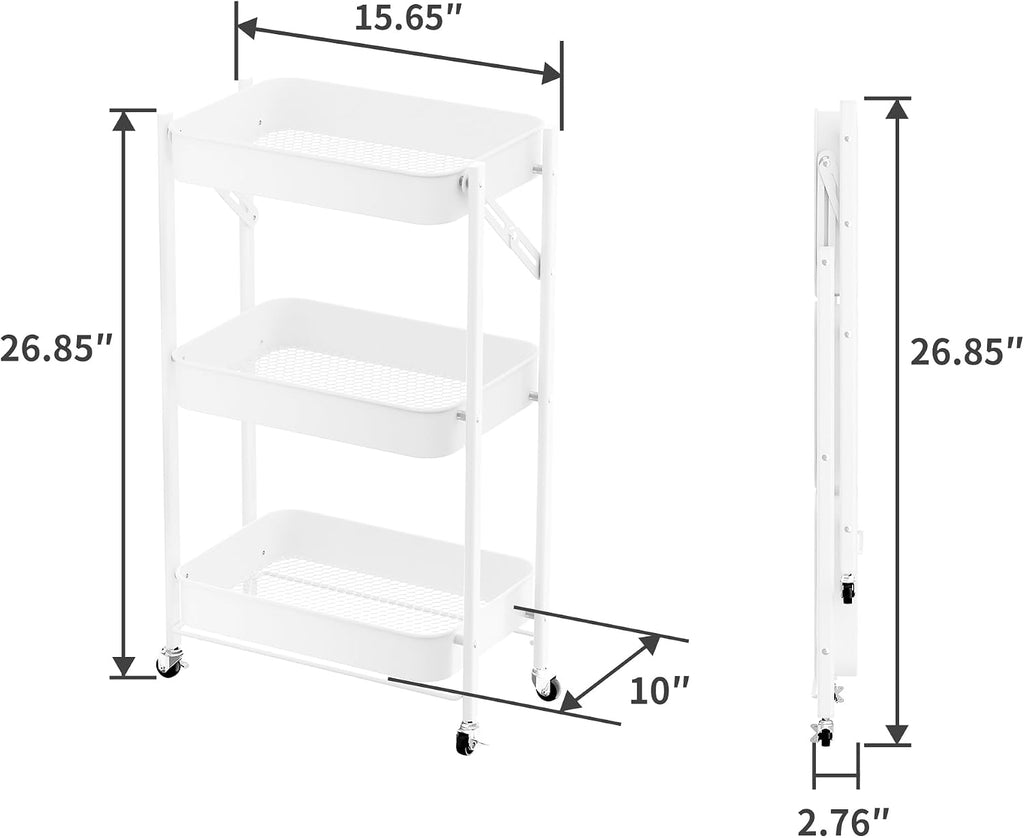 White Foldable 3 Tier Rolling Cart