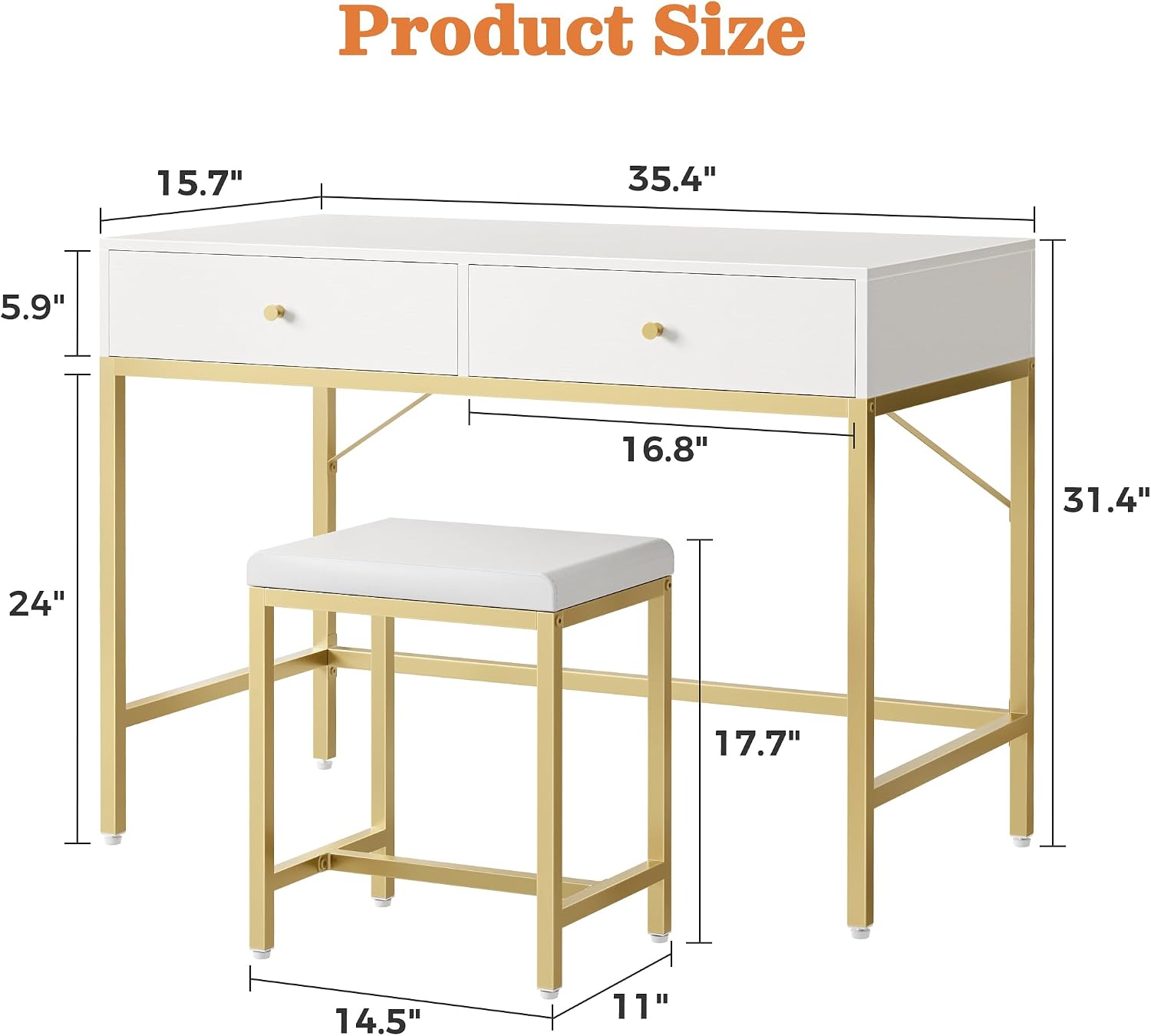 White Gold Two Drawer Vanity Desk Set