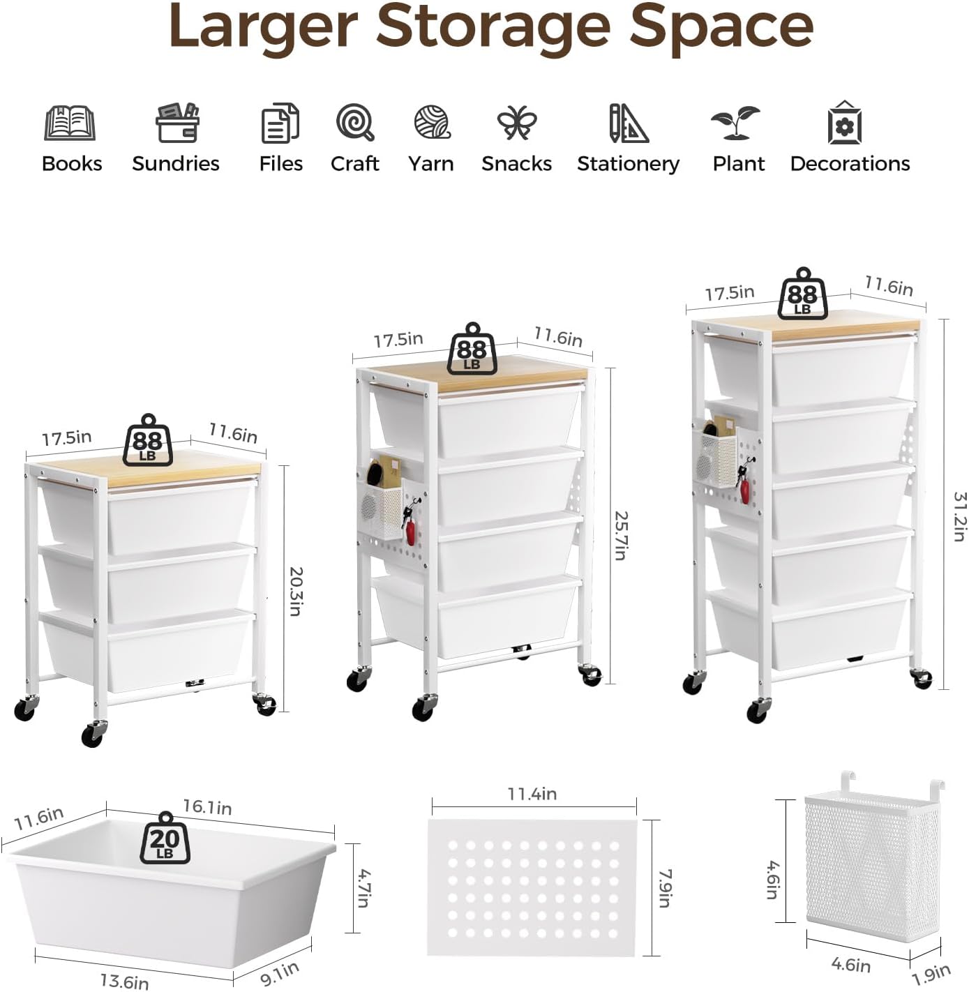 White 3 Drawer Rolling Storage Cart