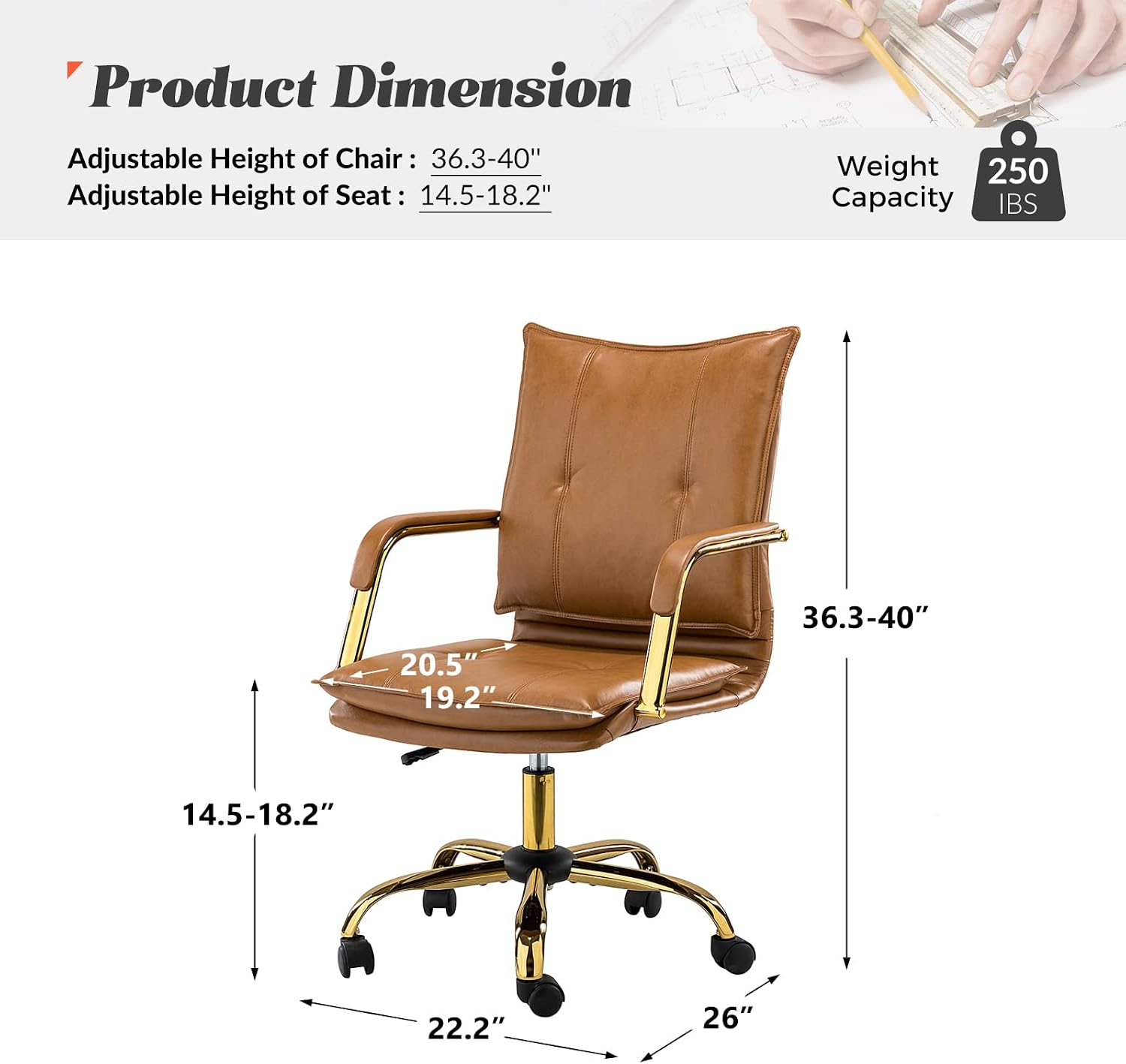 Camel Gold Leg Leather Office Chair