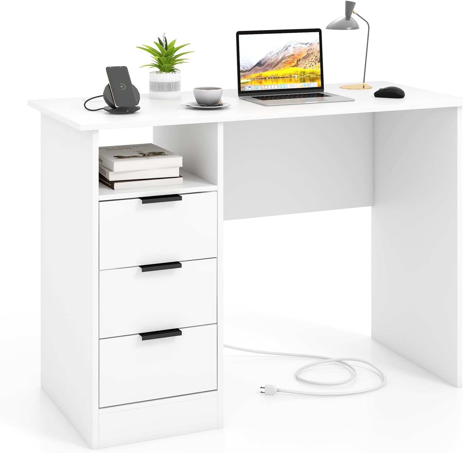 White Charging Station Drawer Desk