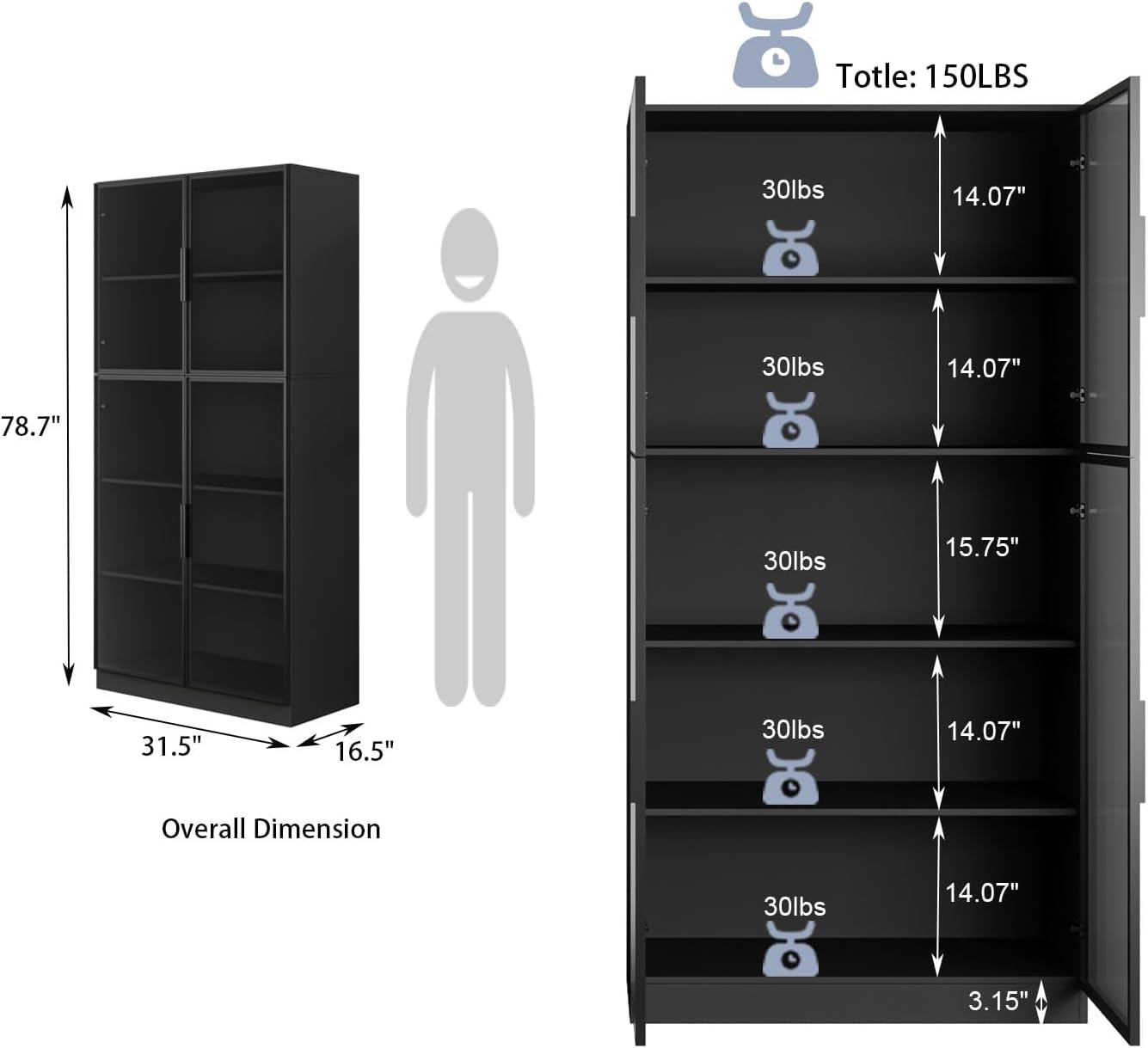 Black LED Glass Door Display Cabinet