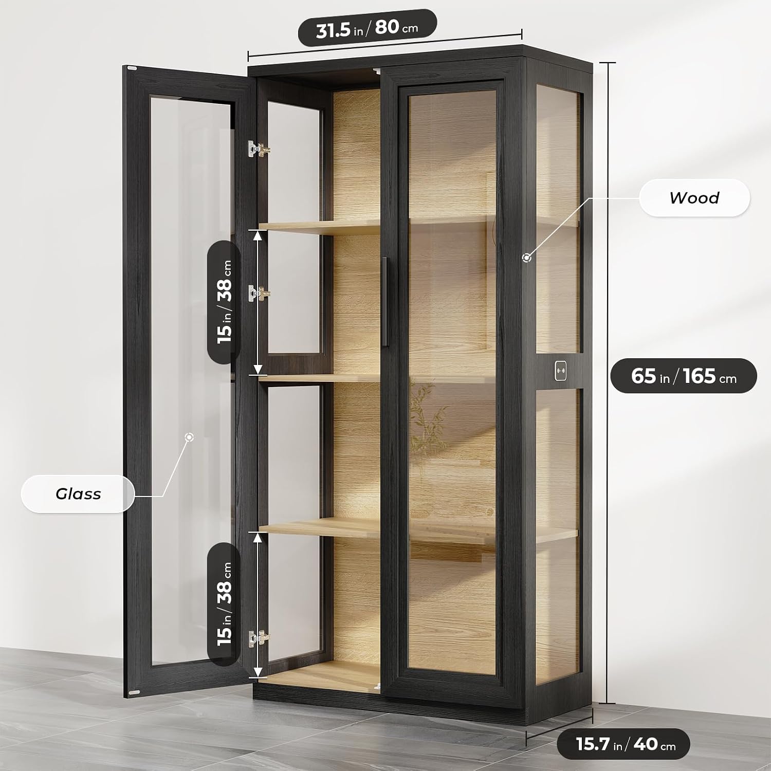Black Sensor LED Glass Curio Cabinet