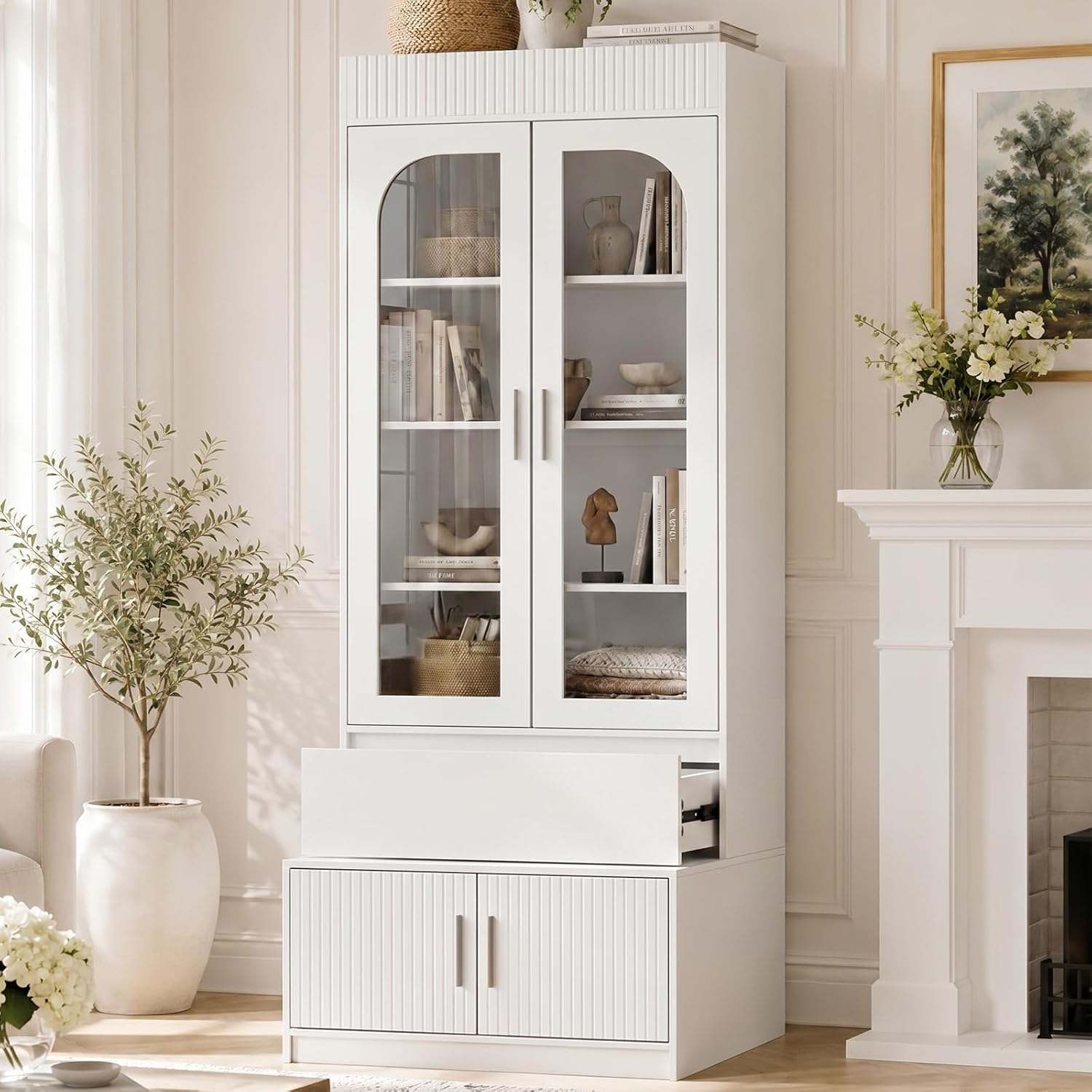 White Fluted Glass Display Cabinet