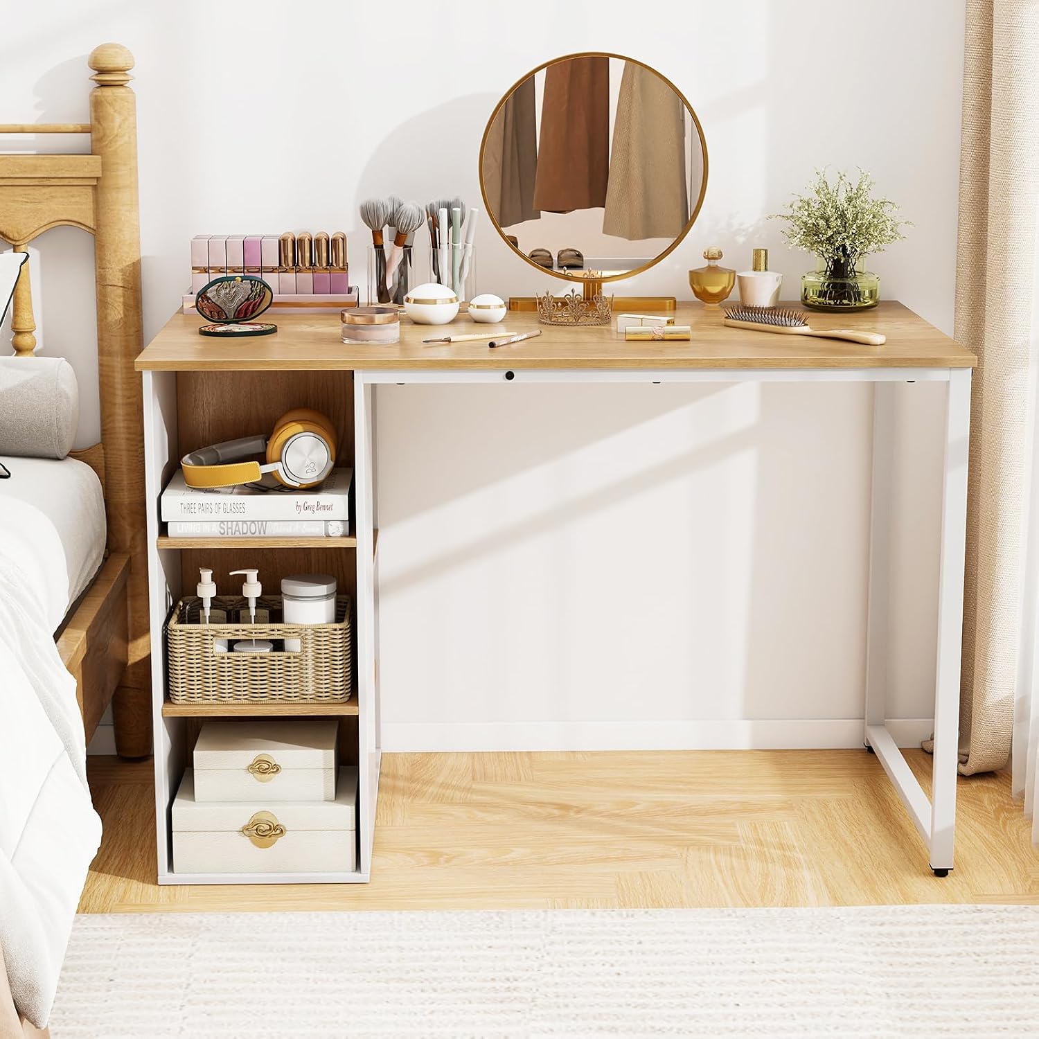 Natural Wooden Shelved Computer Desk