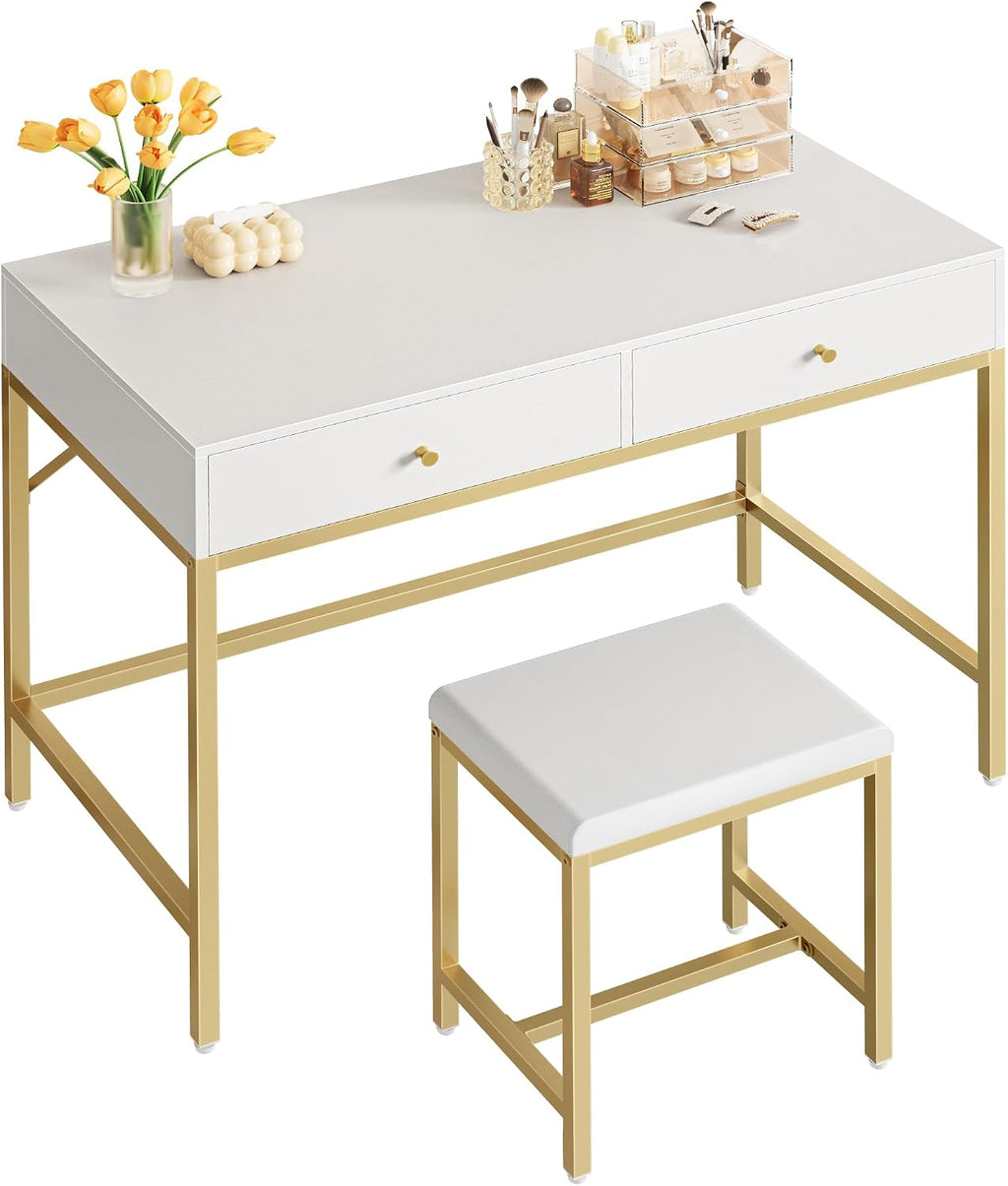 White Gold Two Drawer Vanity Desk Set