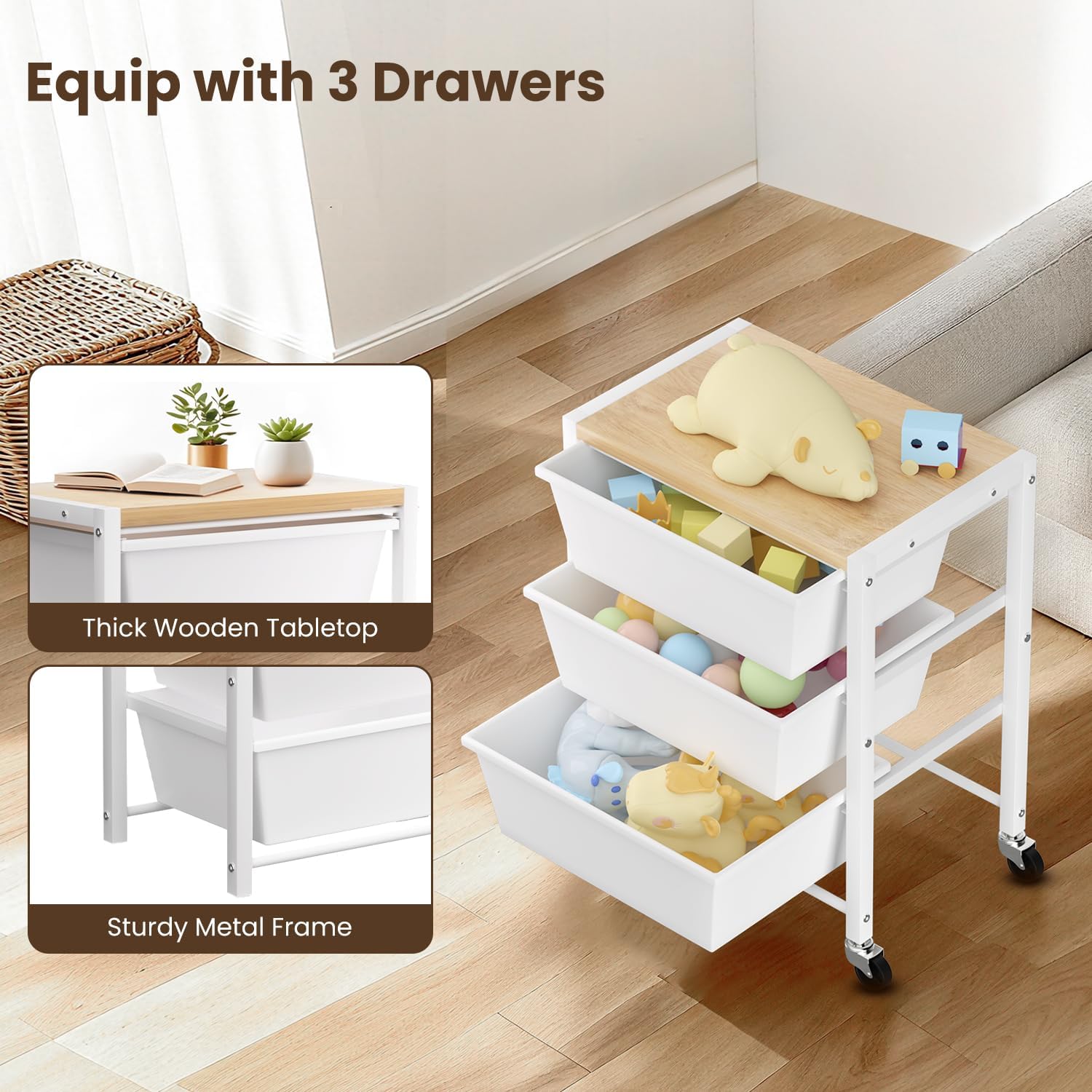 White 3 Drawer Rolling Storage Cart