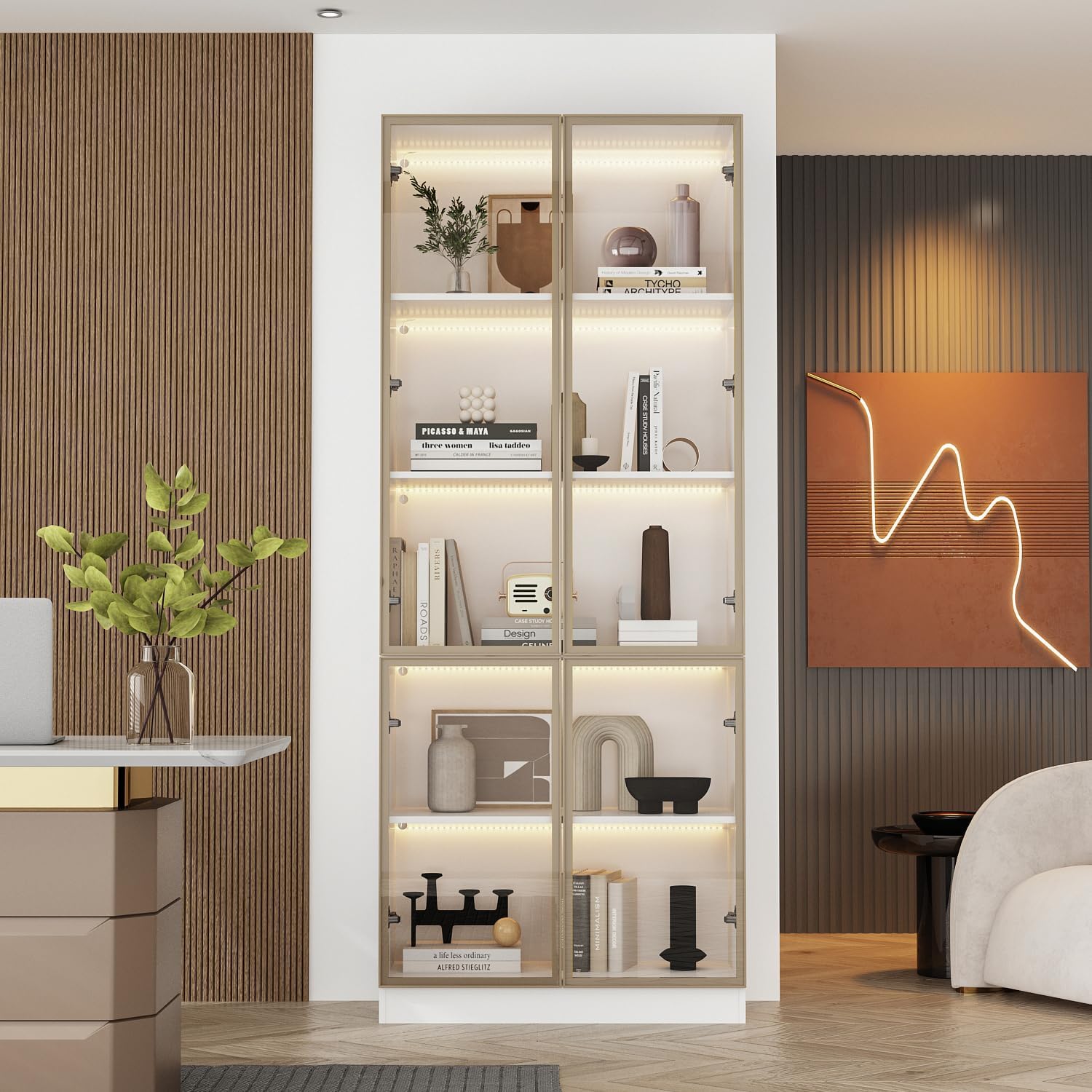 White Gold LED Glass Display Cabinet