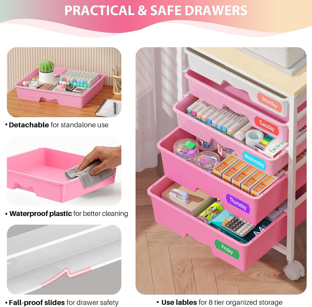 Pink 5 Drawer Rolling Storage Cart
