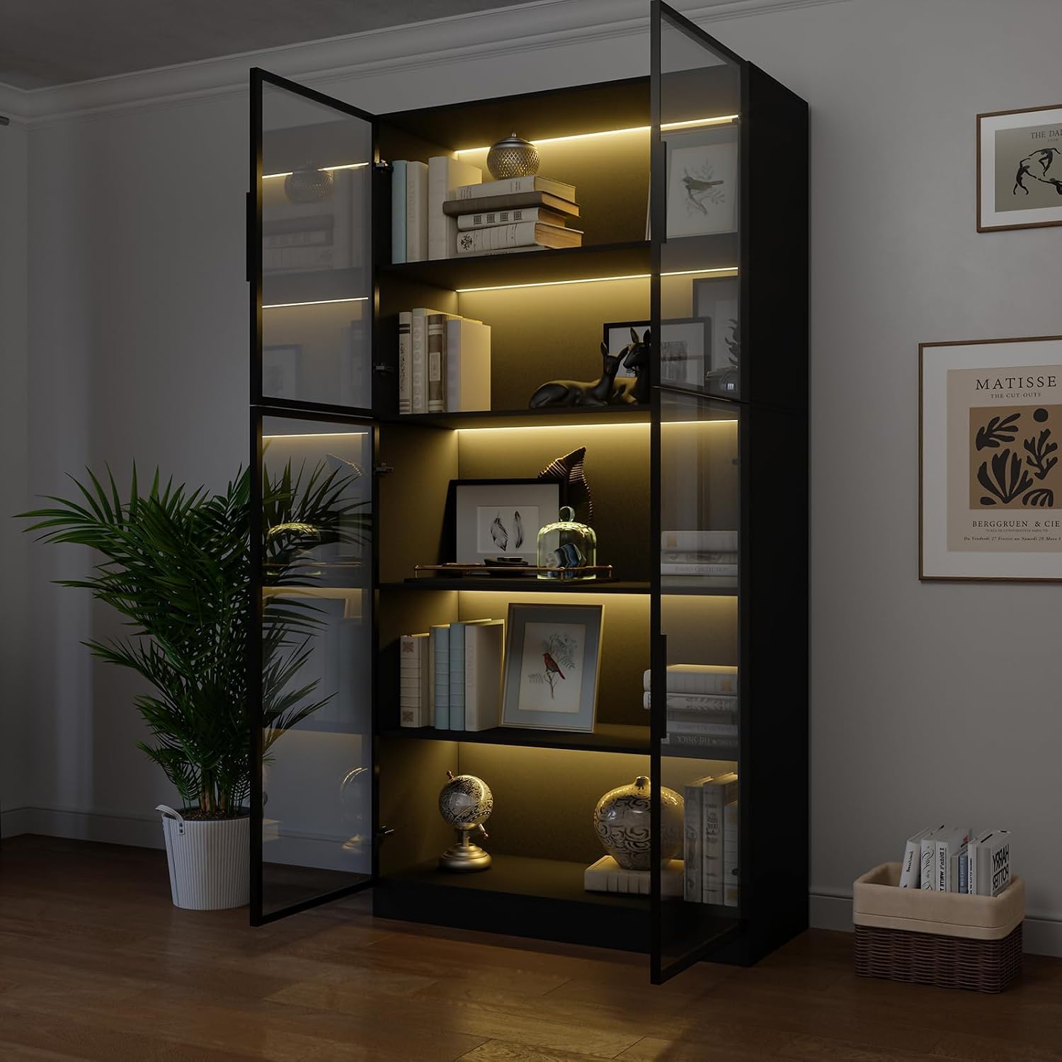 Black LED Glass Door Display Cabinet