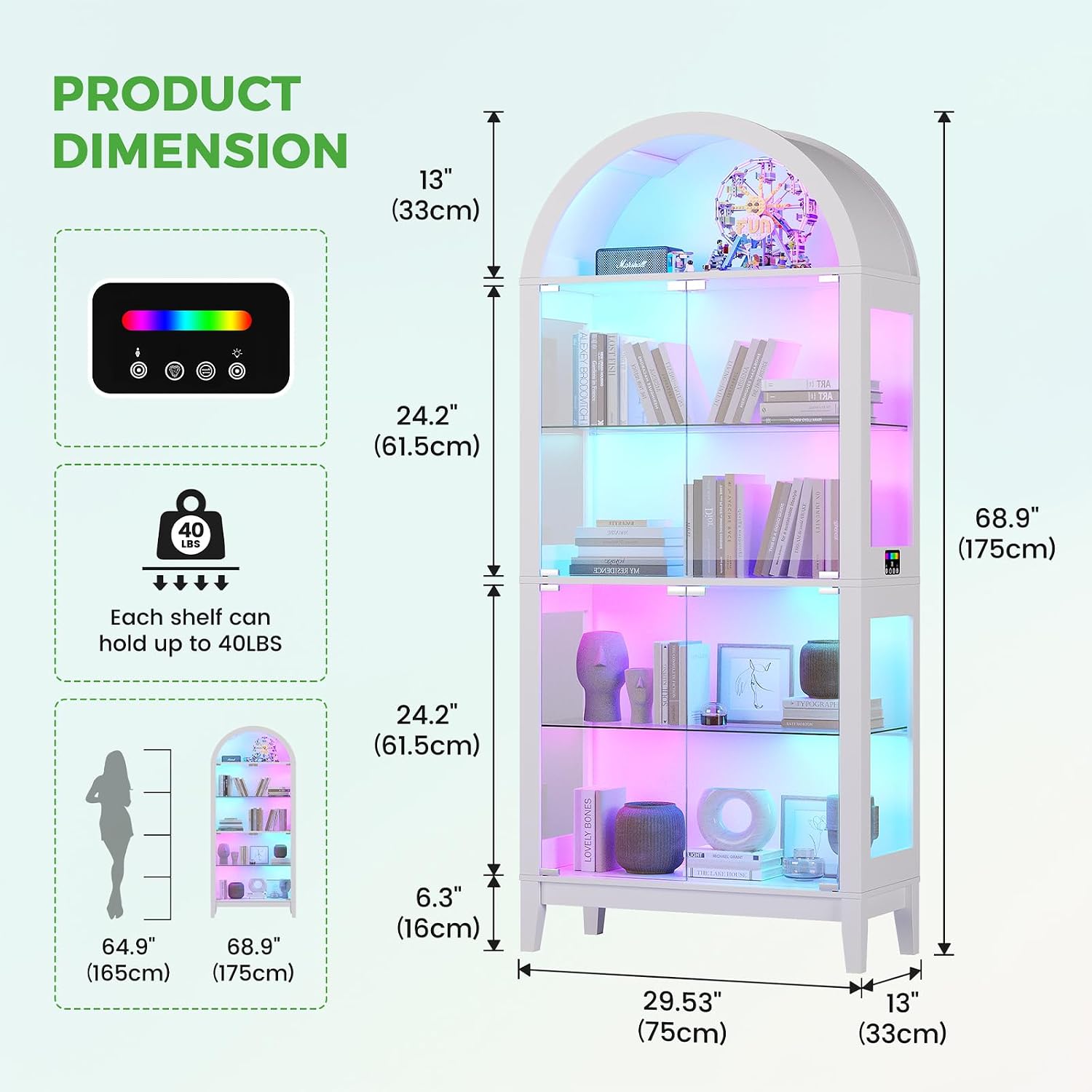 White RGB Arched Glass Display Cabinet