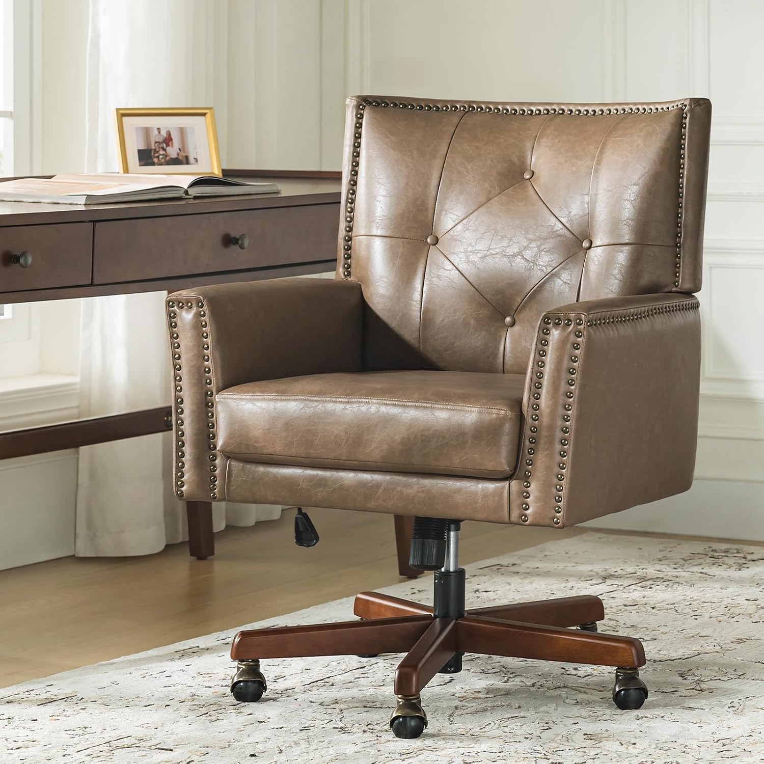 Taupe Wood Base Tufted Office Chair