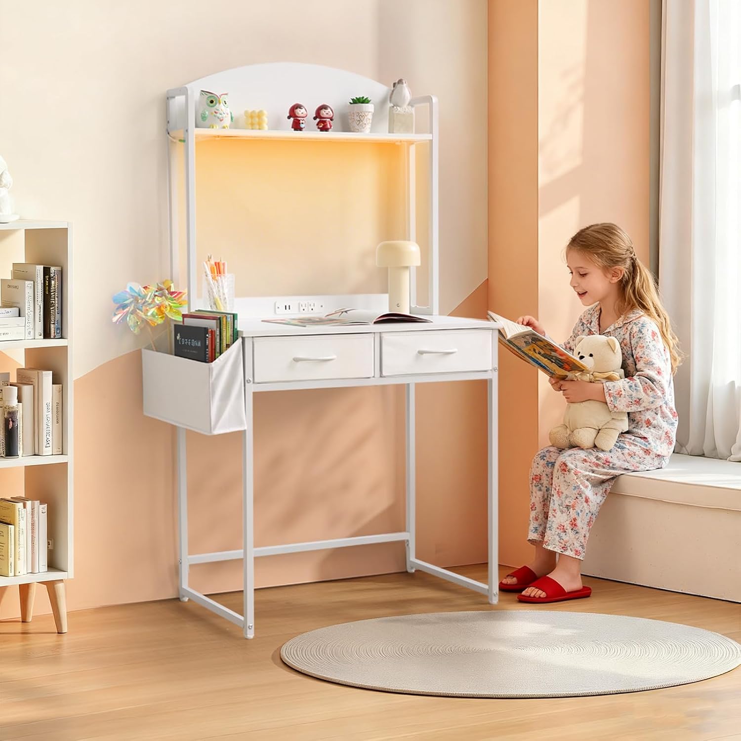 White Arched Fabric Drawer Desk