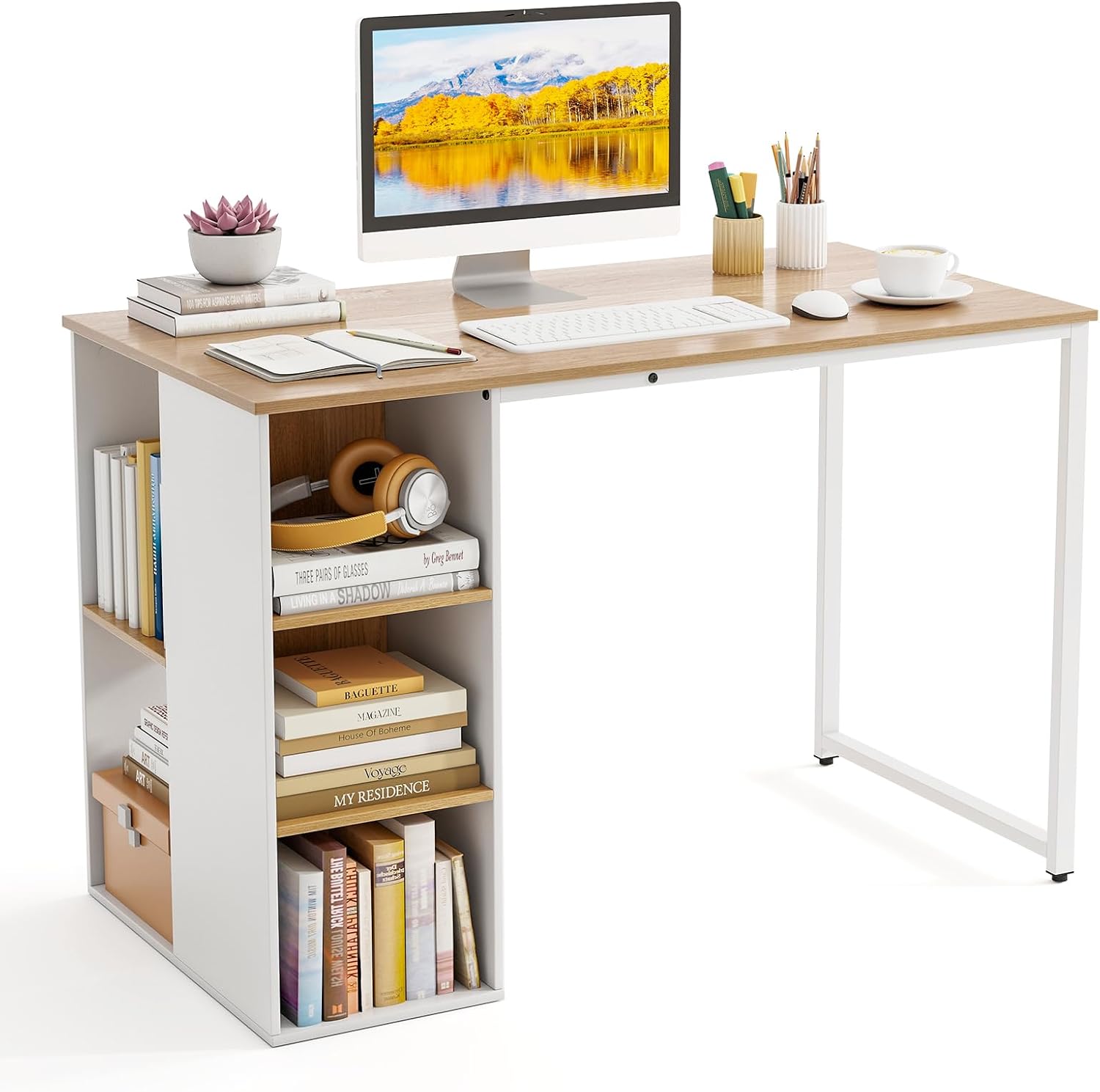 Natural Wooden Shelved Computer Desk