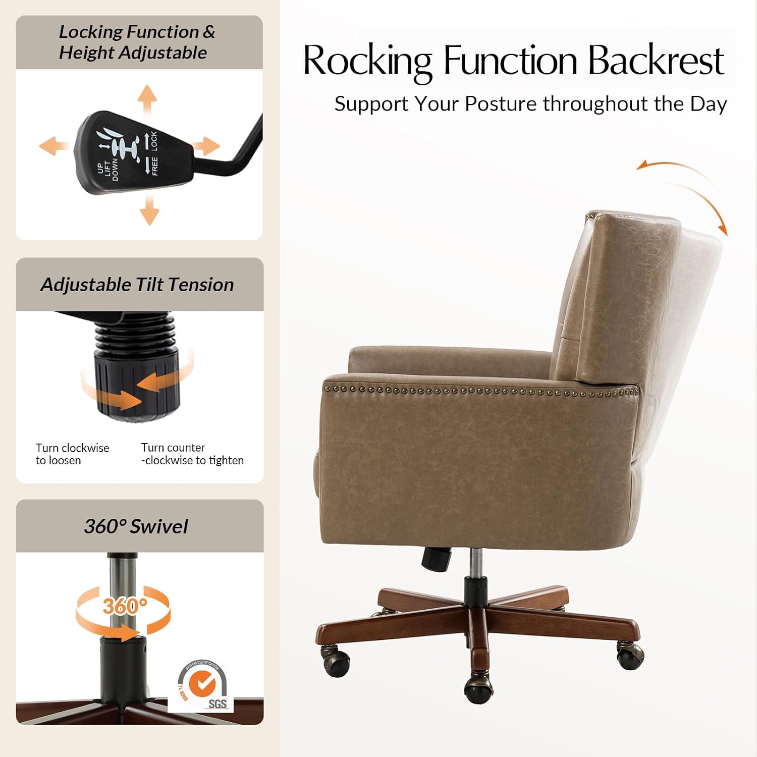 Taupe Wood Base Tufted Office Chair
