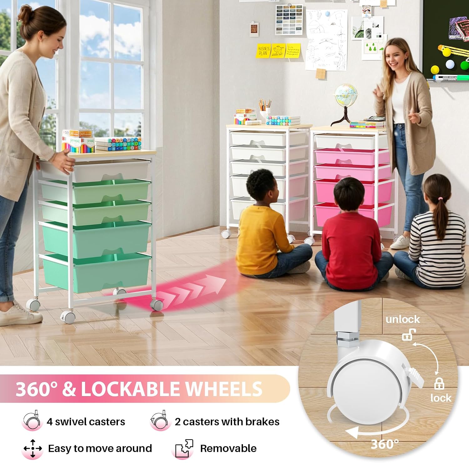 Pink 5 Drawer Rolling Storage Cart