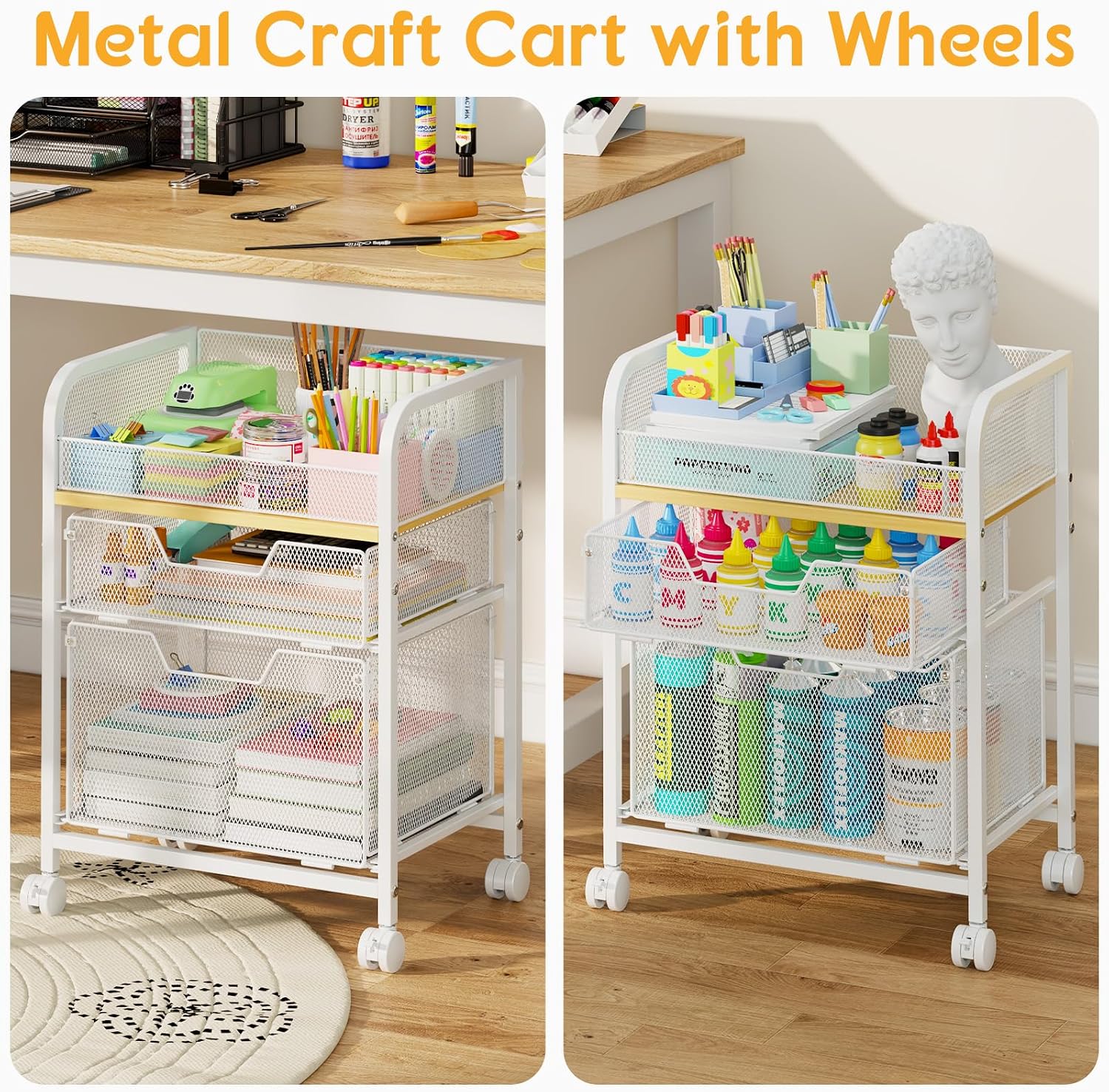 White 3 Drawer Rolling Storage Cart