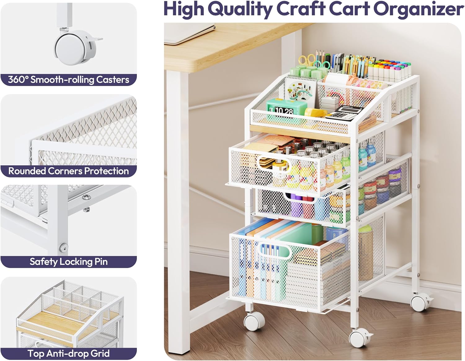 White Drawer Rolling Craft Storage Cart
