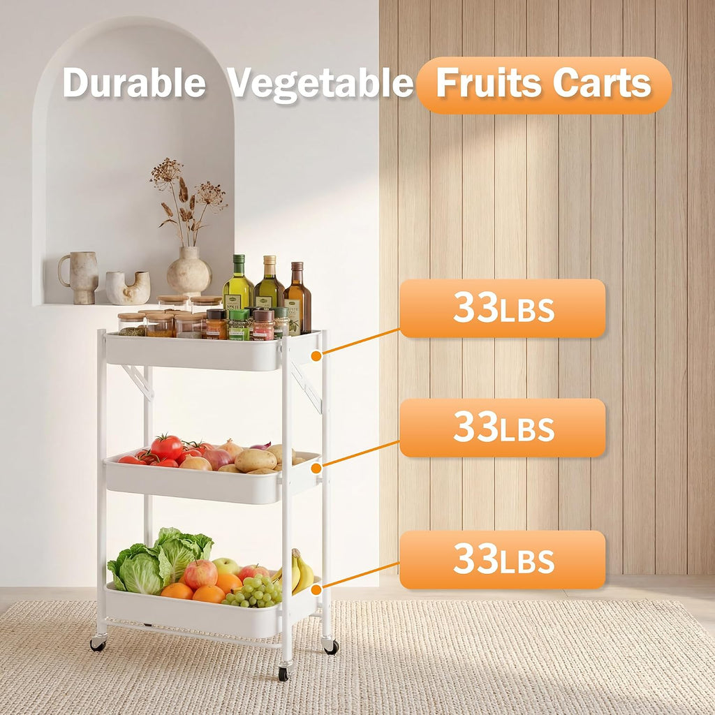 White Foldable 3 Tier Rolling Cart