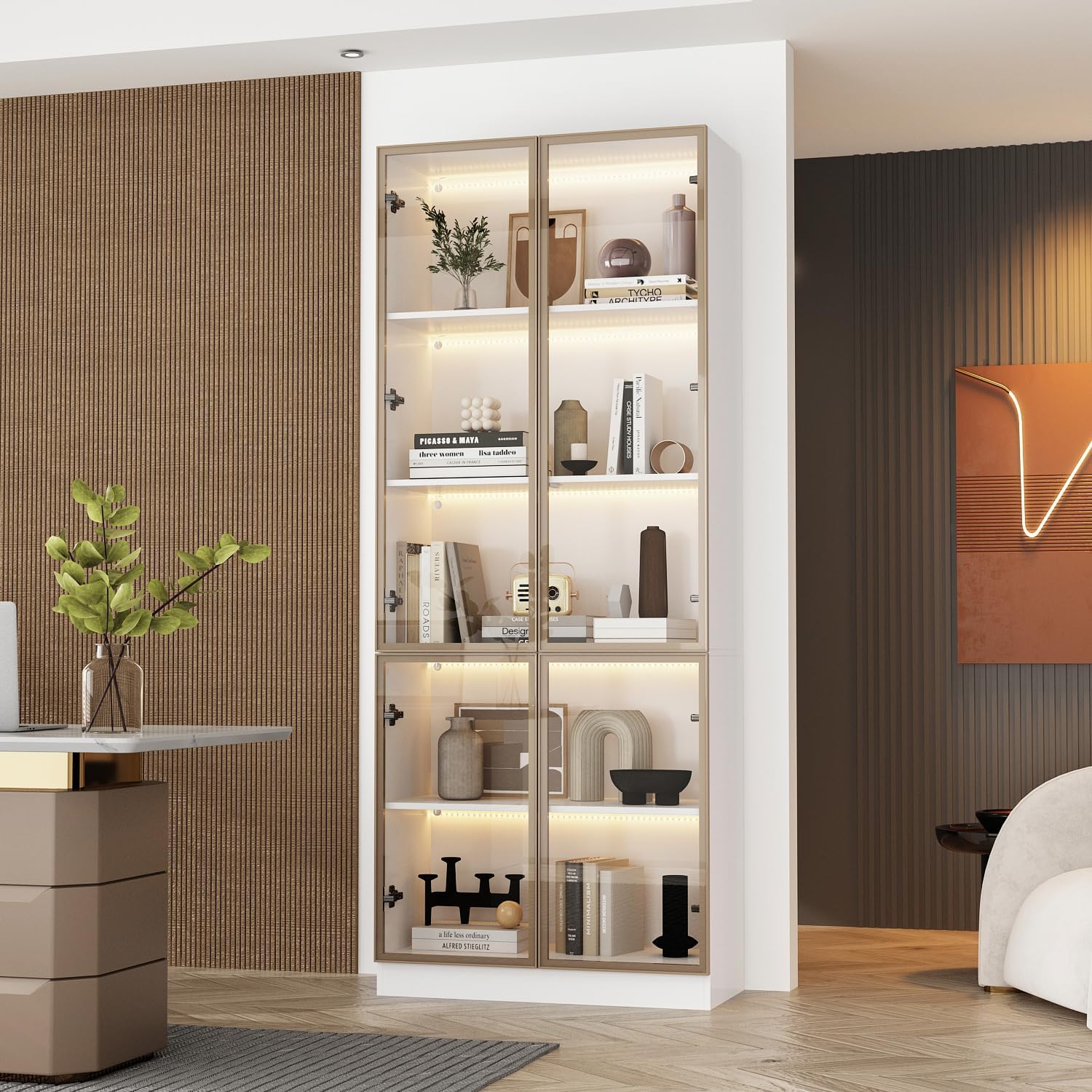 White Gold LED Glass Display Cabinet