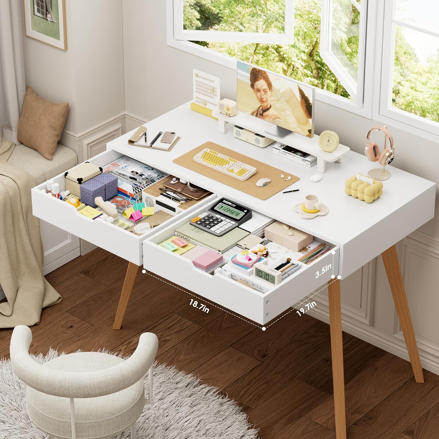 White Two Drawer Wooden Vanity Desk