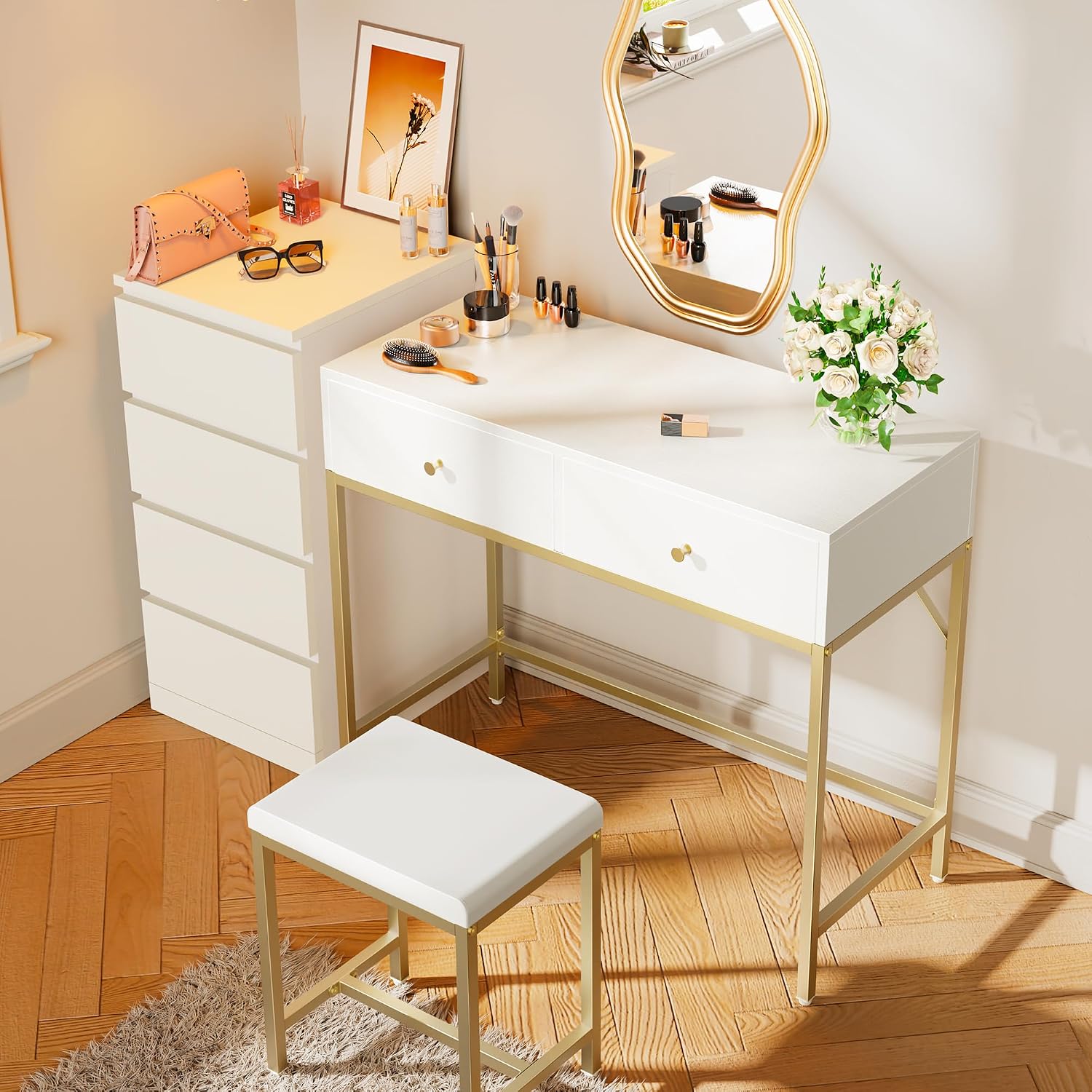 White Gold Two Drawer Vanity Desk Set