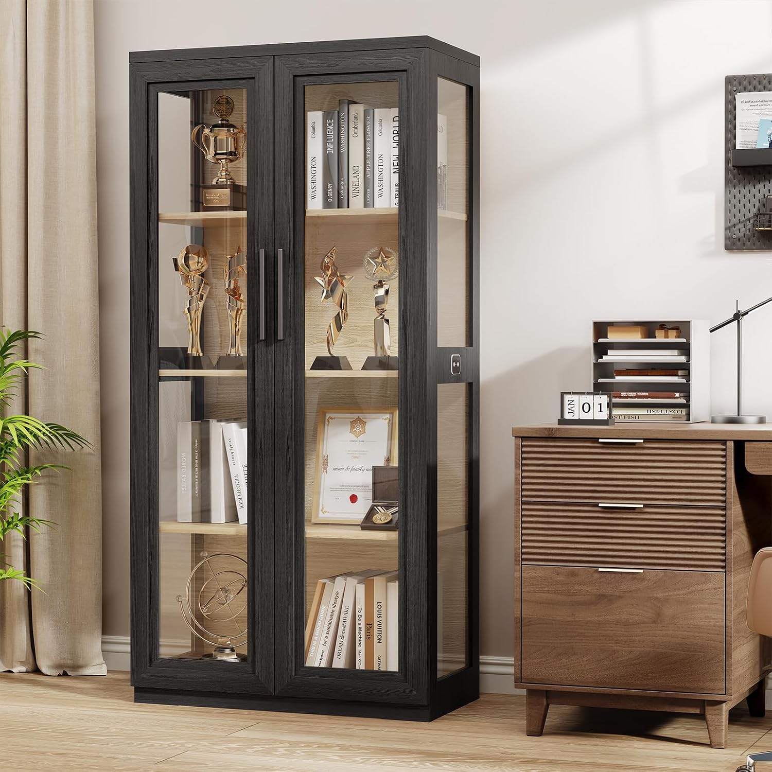 Black Sensor LED Glass Curio Cabinet