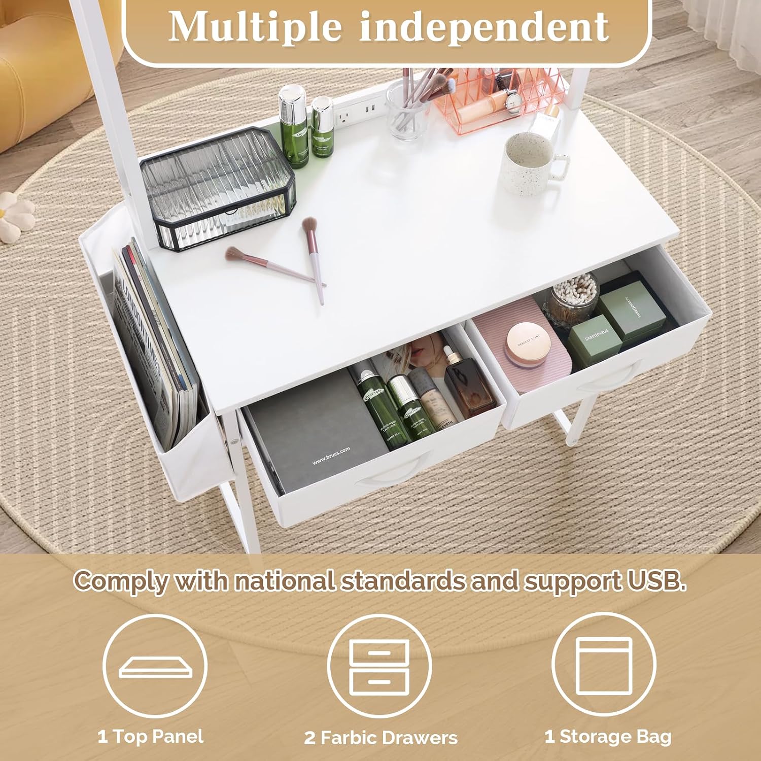 White Arched Fabric Drawer Desk