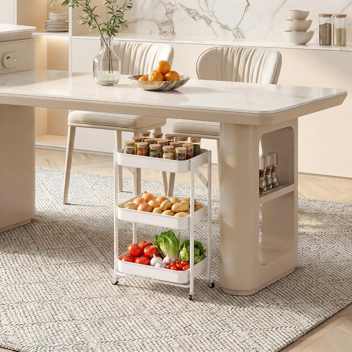 White Foldable 3 Tier Rolling Cart
