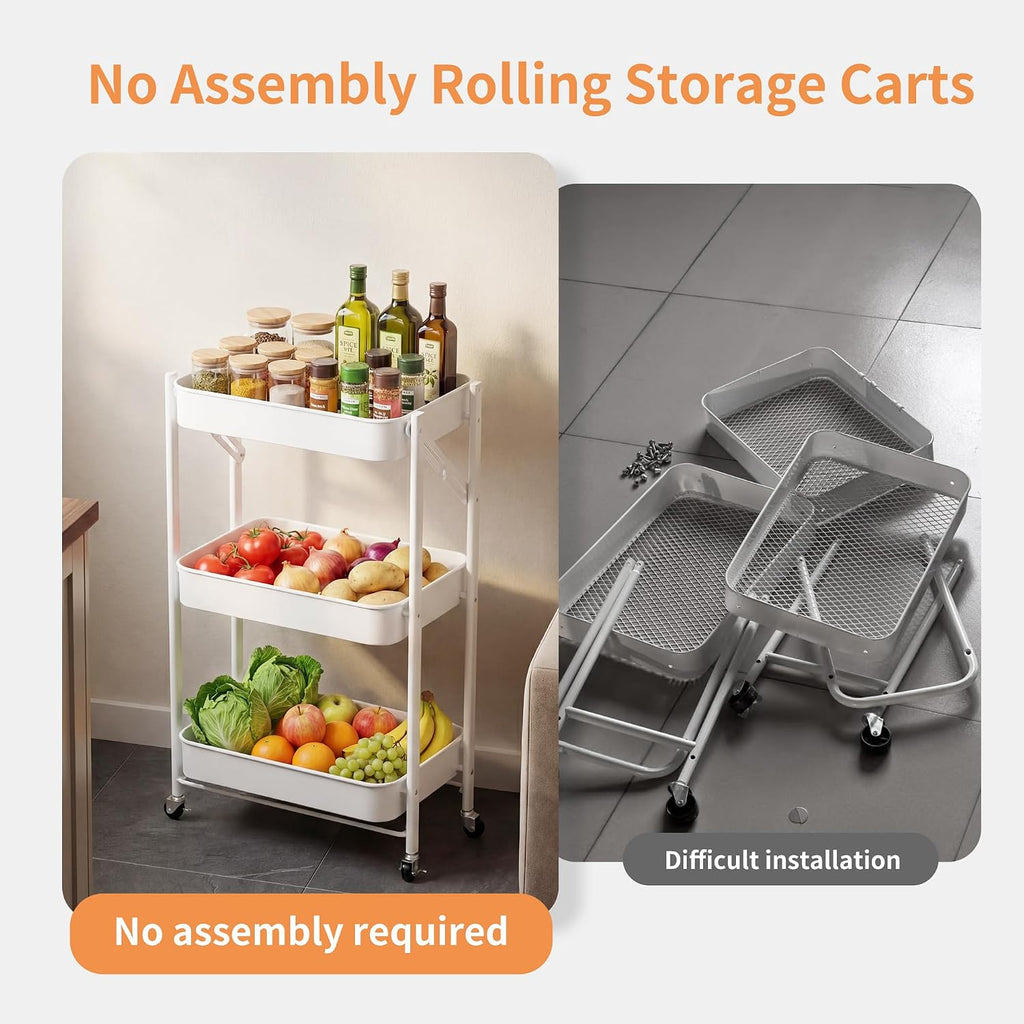 White Foldable 3 Tier Rolling Cart