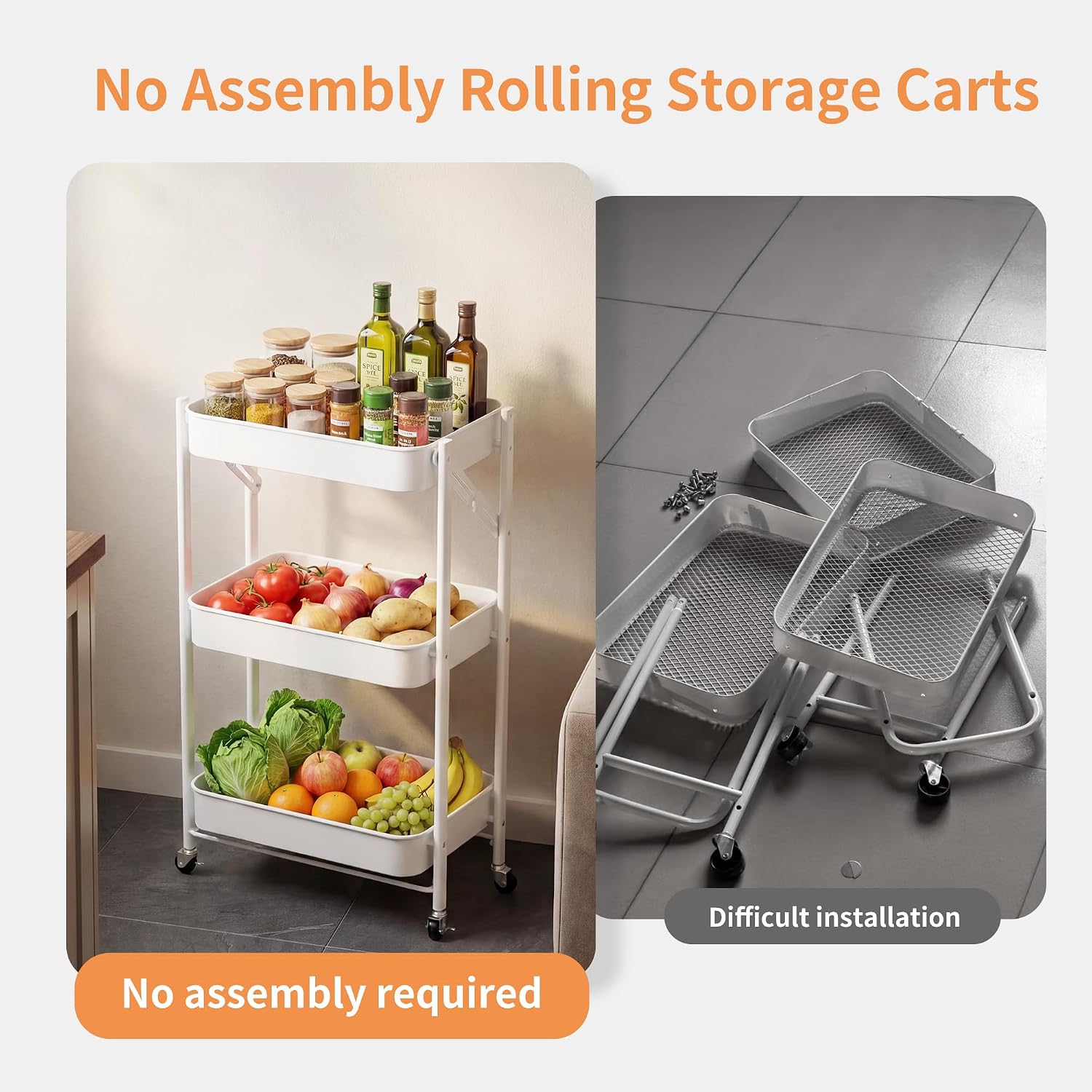 White Foldable 3 Tier Rolling Cart