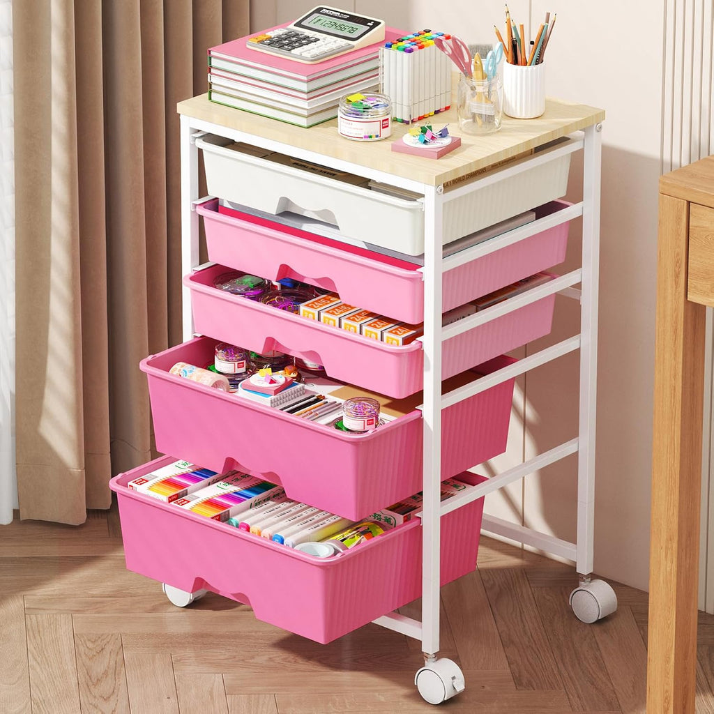 Pink 5 Drawer Rolling Storage Cart