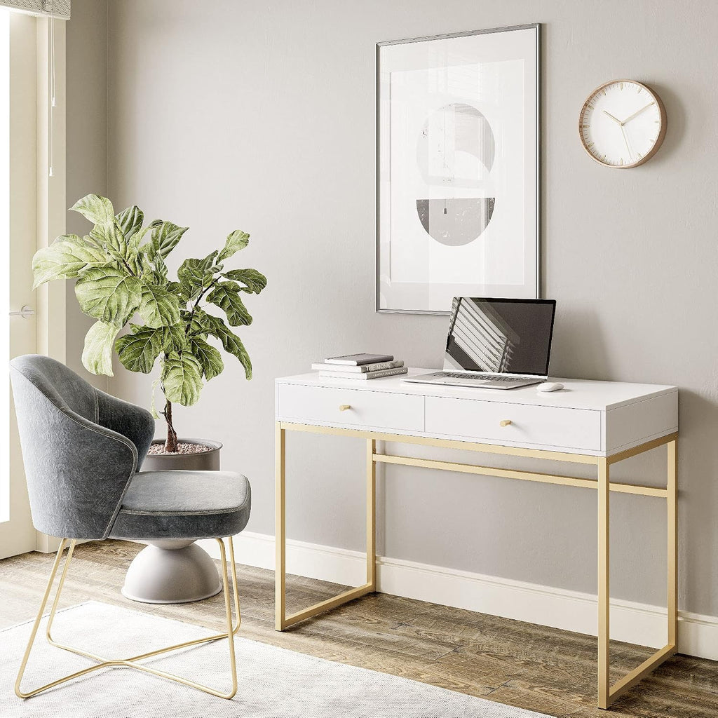 White Gold Frame Two Drawer Vanity Desk