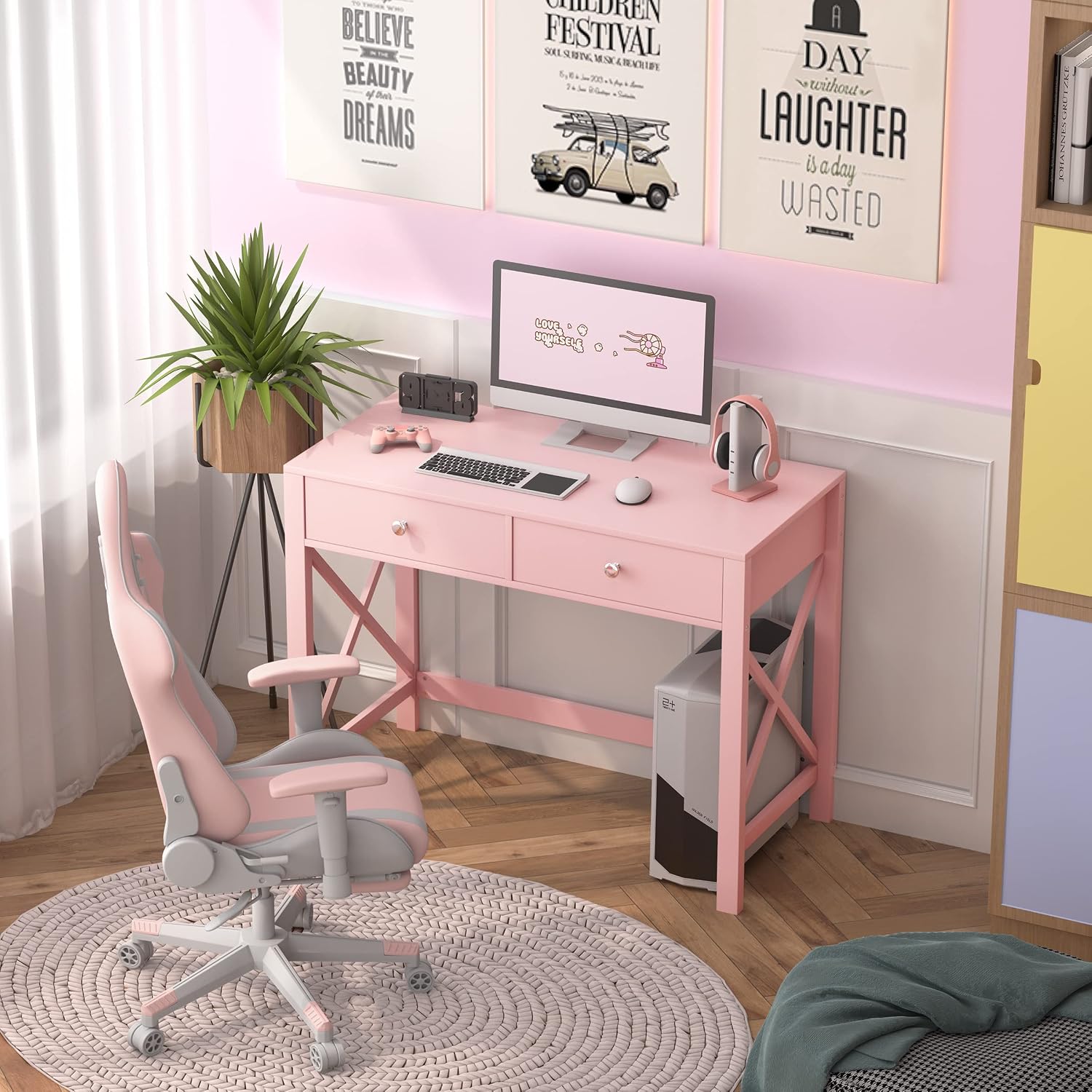 Pink Drawer Vanity Writing Desk