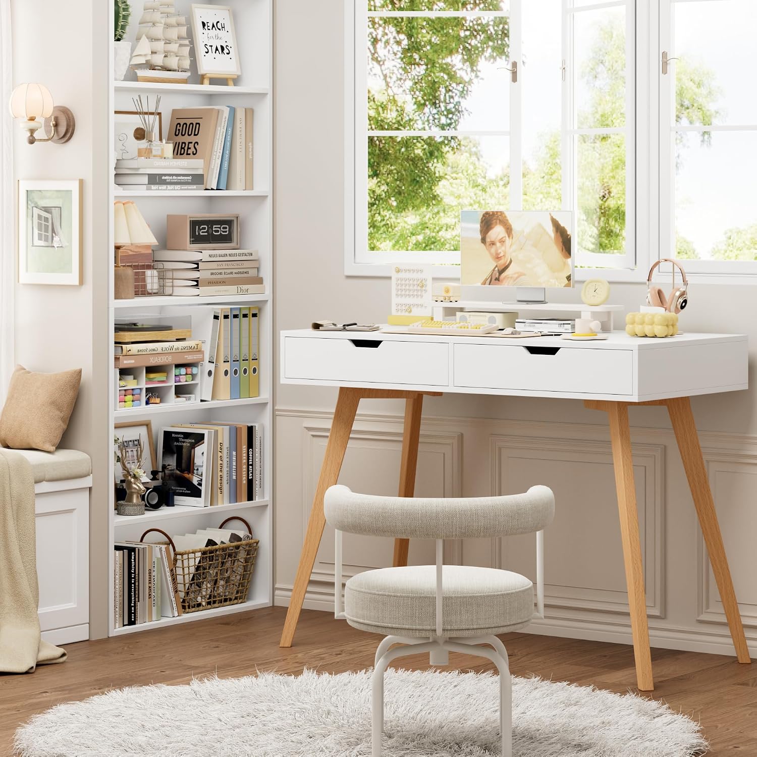 White Two Drawer Wooden Vanity Desk