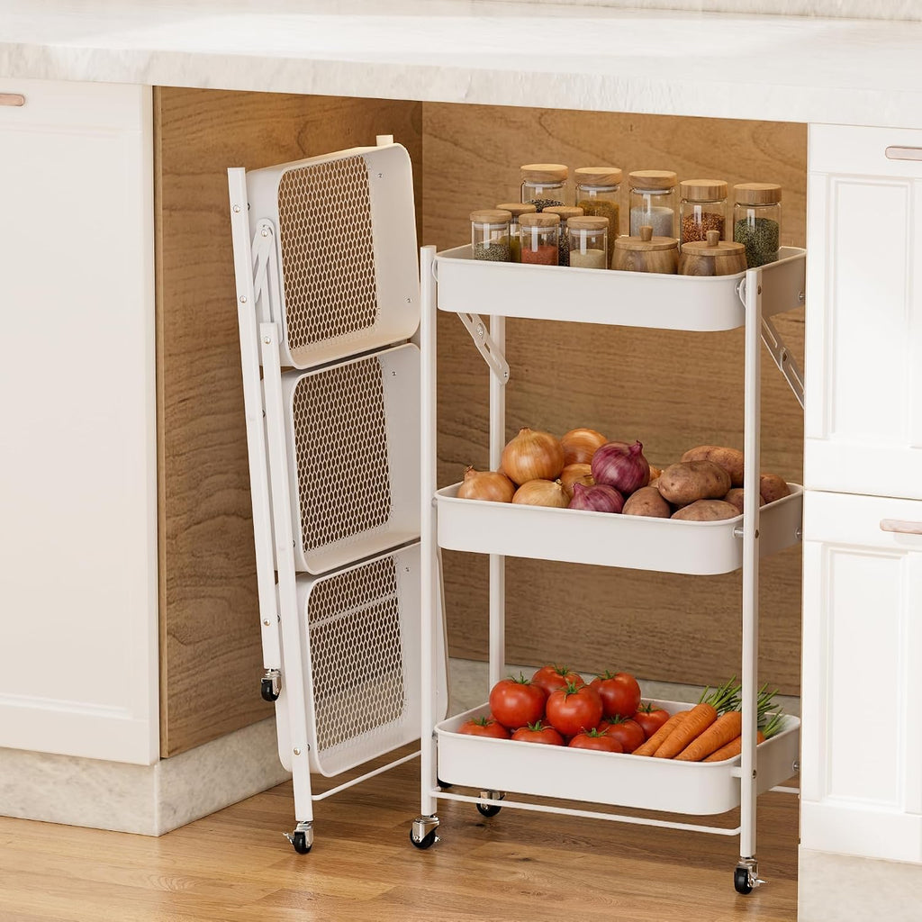 White Foldable 3 Tier Rolling Cart