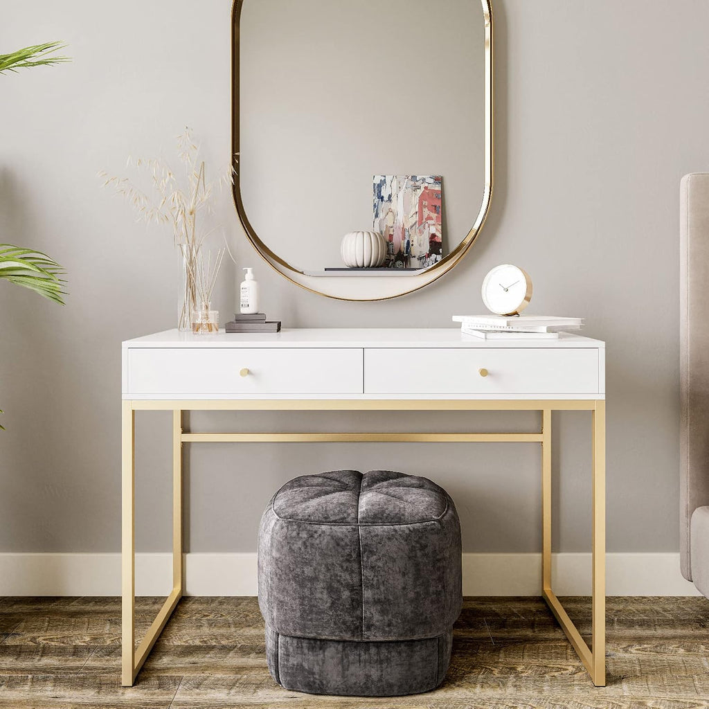 White Gold Frame Two Drawer Vanity Desk