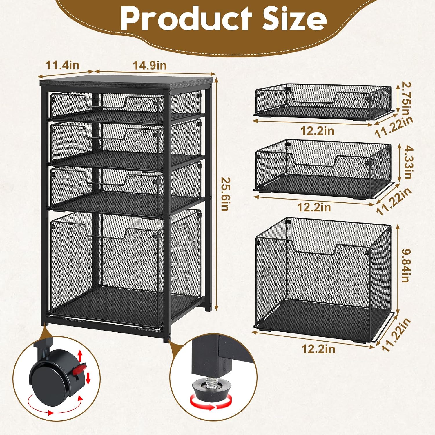 Black 4 Drawer Rolling File Cart