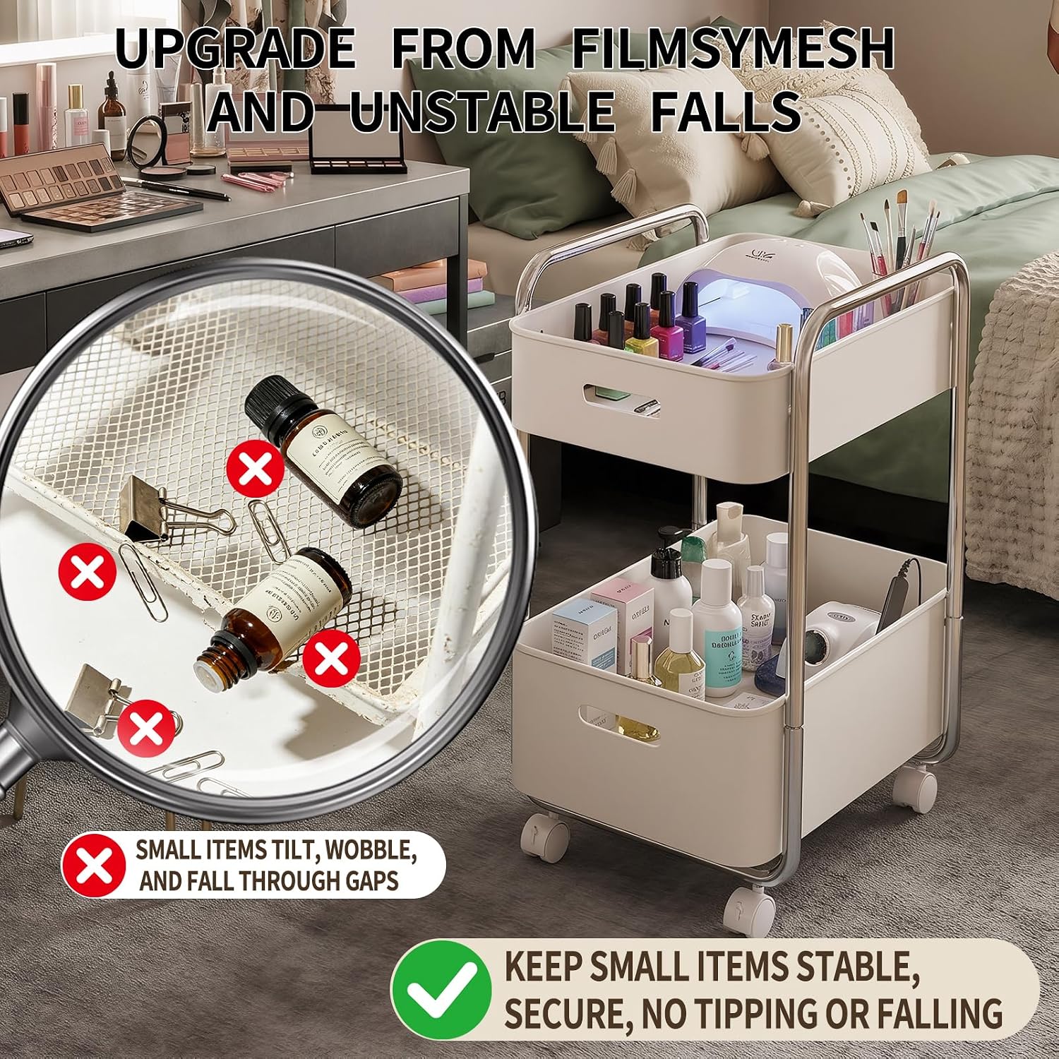 Cream White 2 Tier Rolling Utility Cart