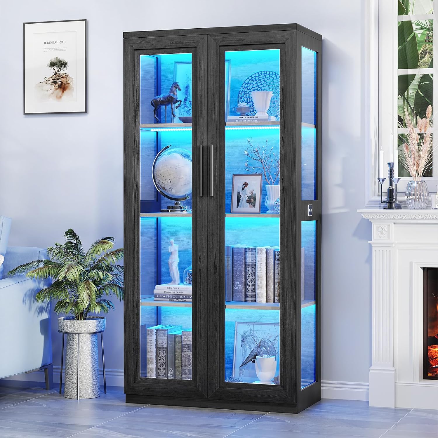 Black Sensor LED Glass Curio Cabinet