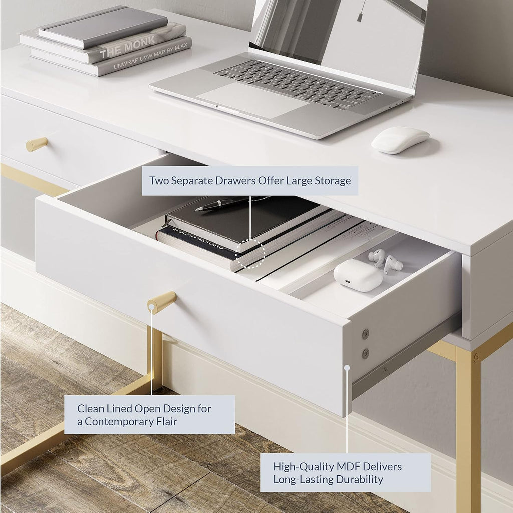 White Gold Frame Two Drawer Vanity Desk