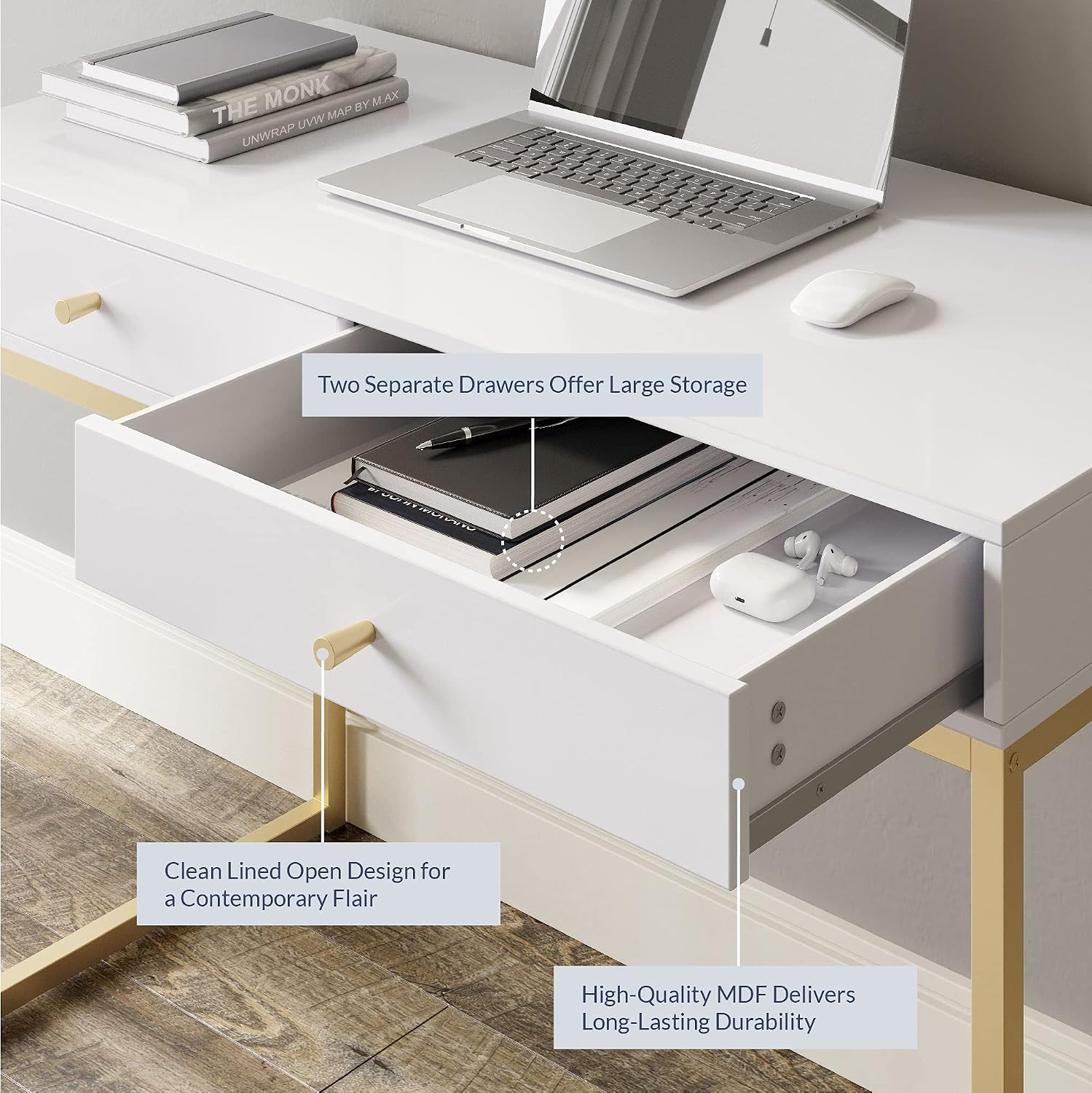 White Gold Frame Two Drawer Vanity Desk