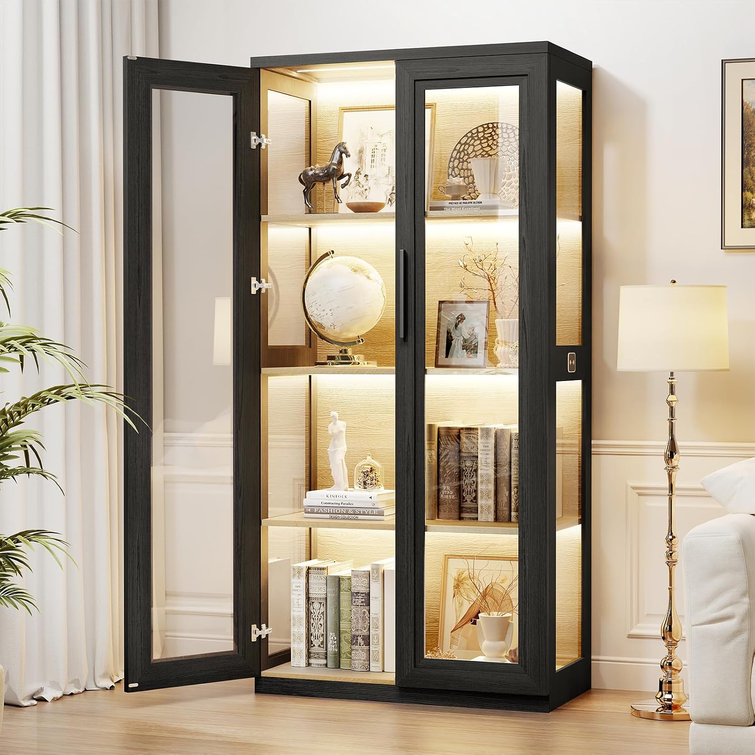 Black Sensor LED Glass Curio Cabinet