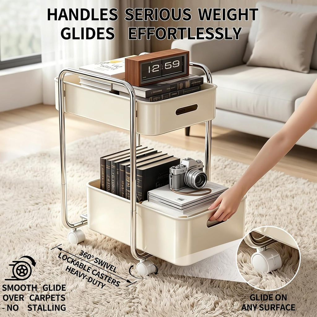 Cream White 2 Tier Rolling Utility Cart