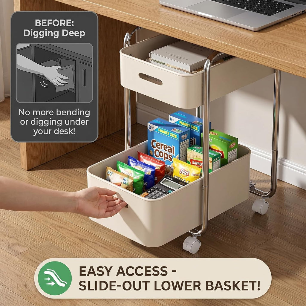 Cream White 2 Tier Rolling Utility Cart