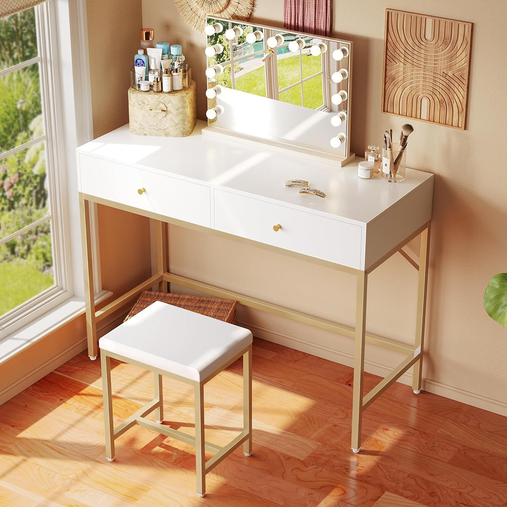 White Gold Two Drawer Vanity Desk Set