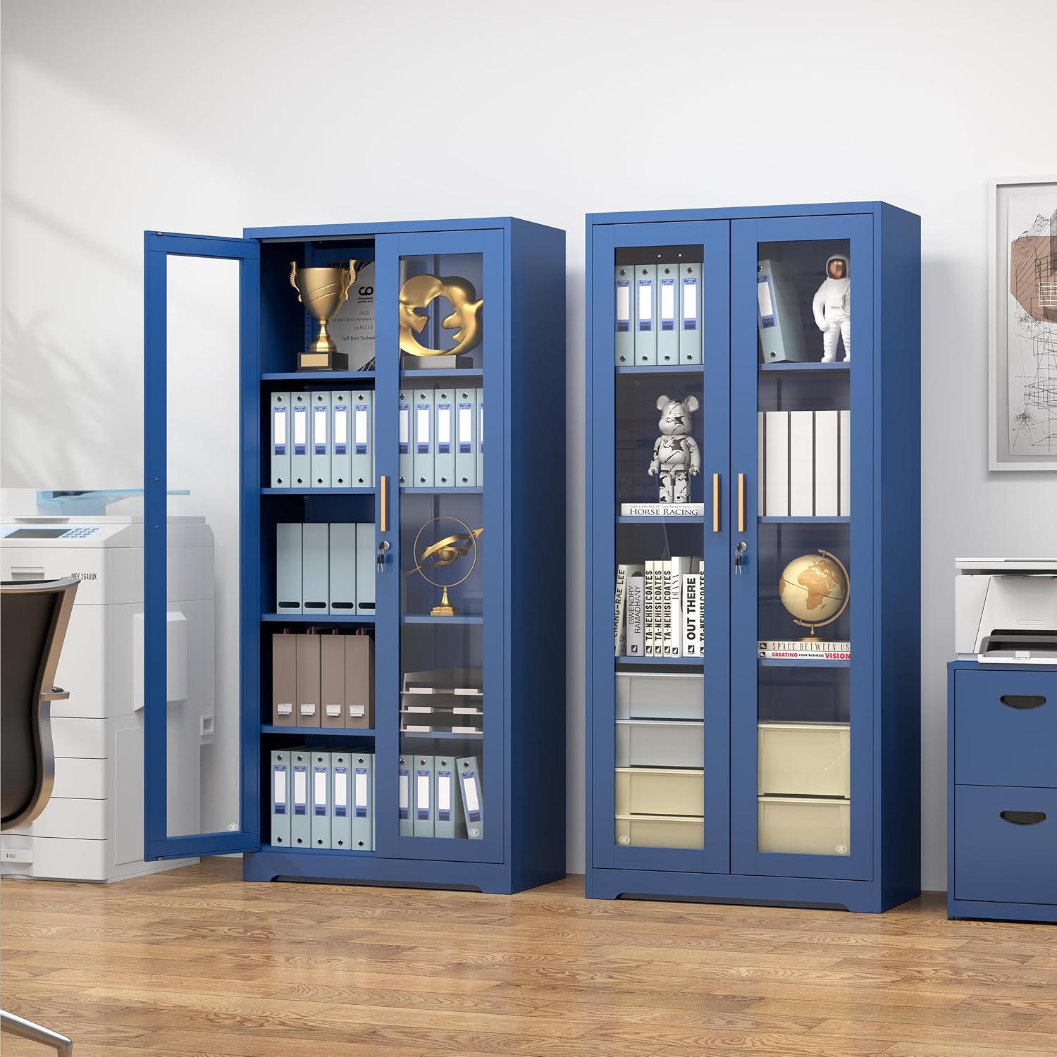 Blue Lockable Glass Display Cabinet